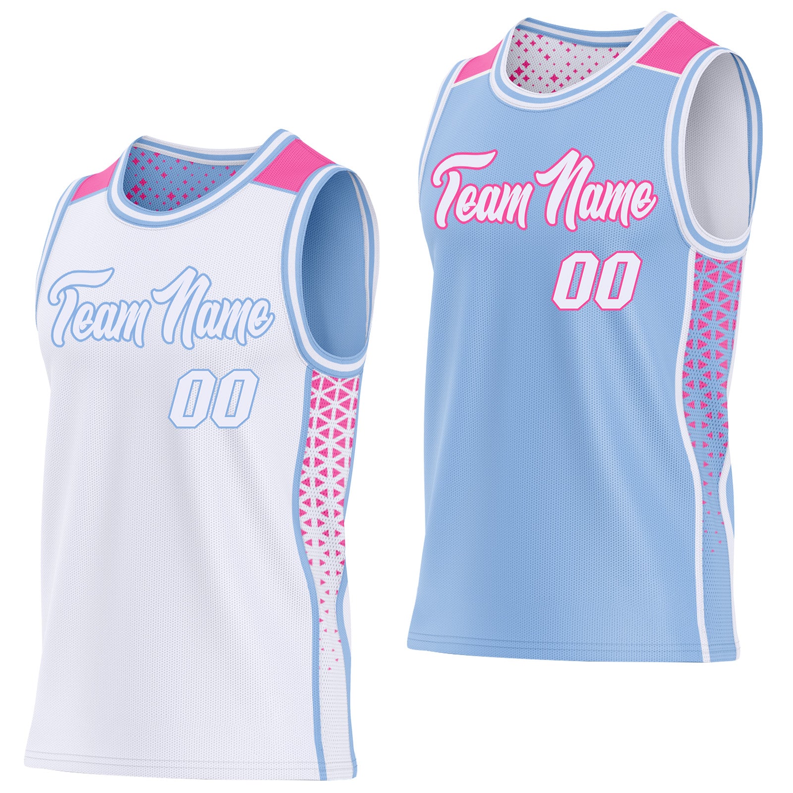 FansIdea Custom White Light Blue-Pink Side Panel Stripe Geometric Triangle Gradient Dot Reversible Double Side Sublimation Basketball Set Jersey - $17.99 at Proof Eyewear
