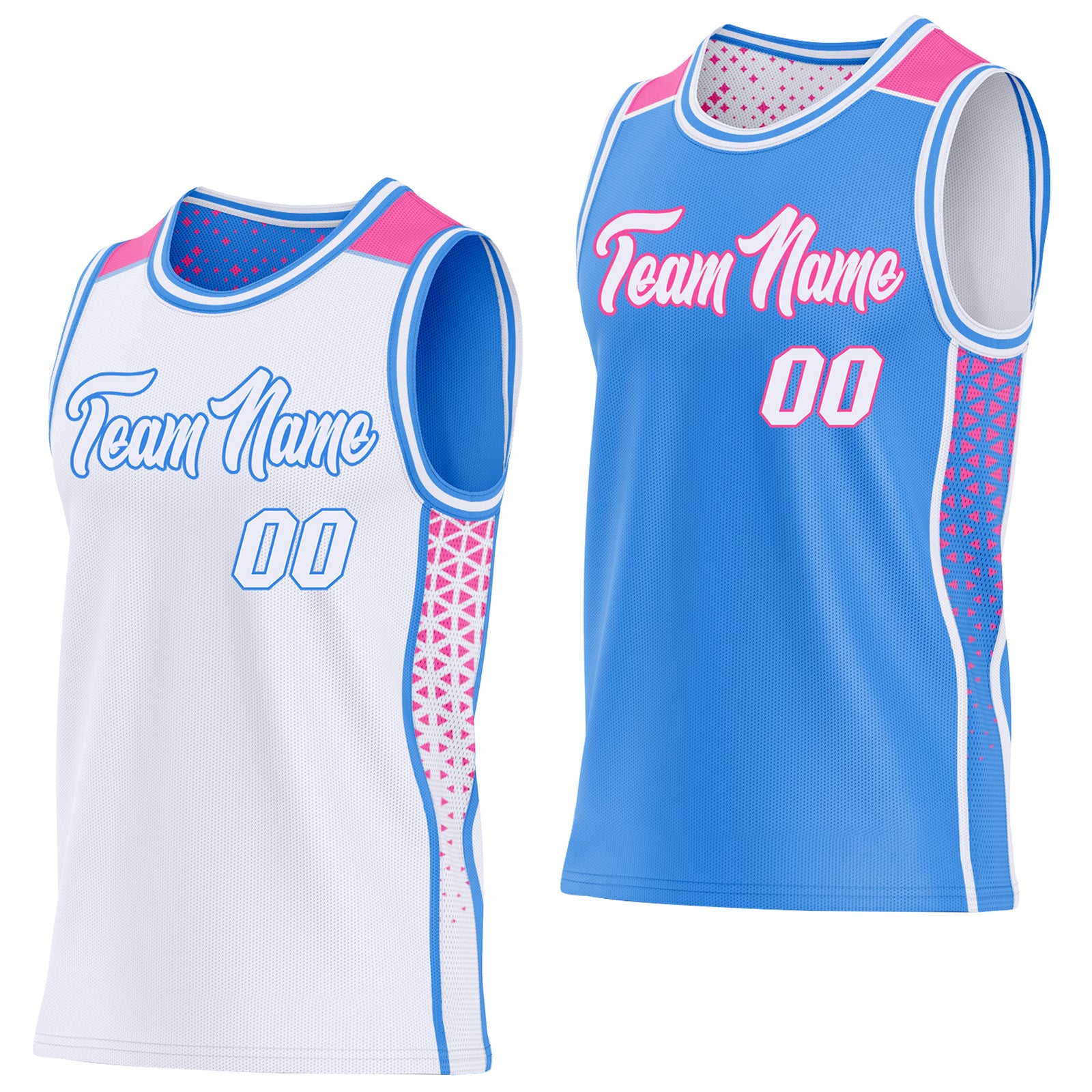 FansIdea Custom White Powder Blue-Pink Side Panel Stripe Geometric Triangle Gradient Dot Reversible Double Side Sublimation Basketball Set Jersey - $17.99 at Proof Eyewear
