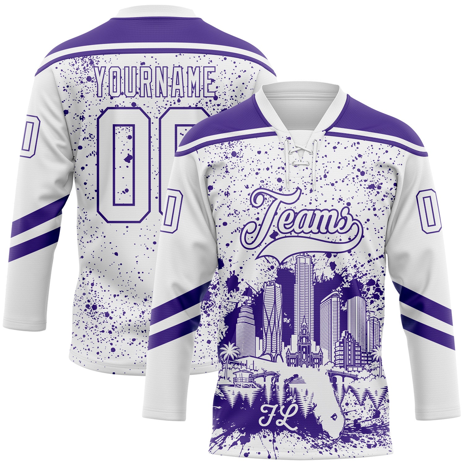 FansIdea Custom White-Purple Miami FL City Skyline State Pride Paint Splatter Lace Neck Hockey Jersey - $29.99 at Proof Eyewear