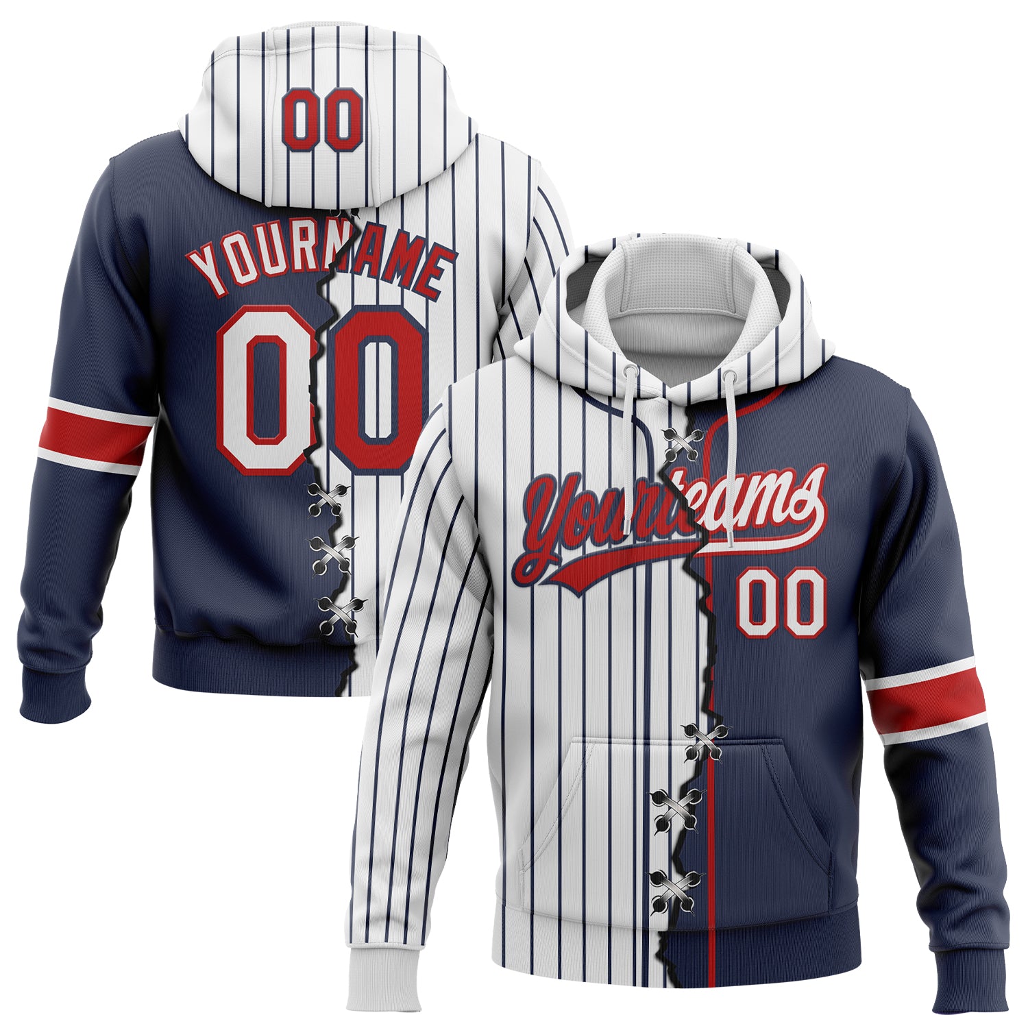 FansIdea Custom White Navy Pinstripe-Red Split Ripped Pattern Baseball Pullover Sweatshirt Hoodie - $32.99 at Proof Eyewear
