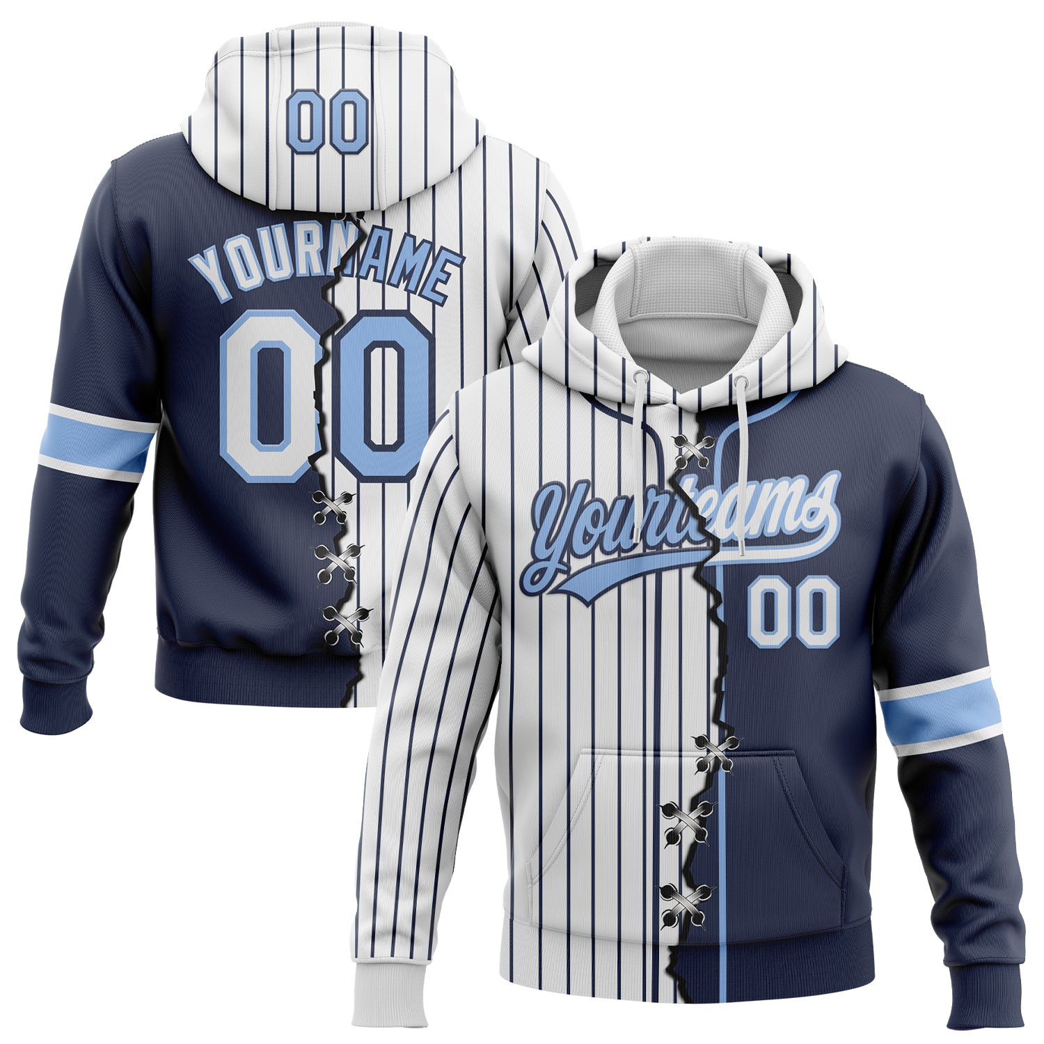 FansIdea Custom White Navy Pinstripe-Light Blue Split Ripped Pattern Baseball Pullover Sweatshirt Hoodie - $32.99 at Proof Eyewear
