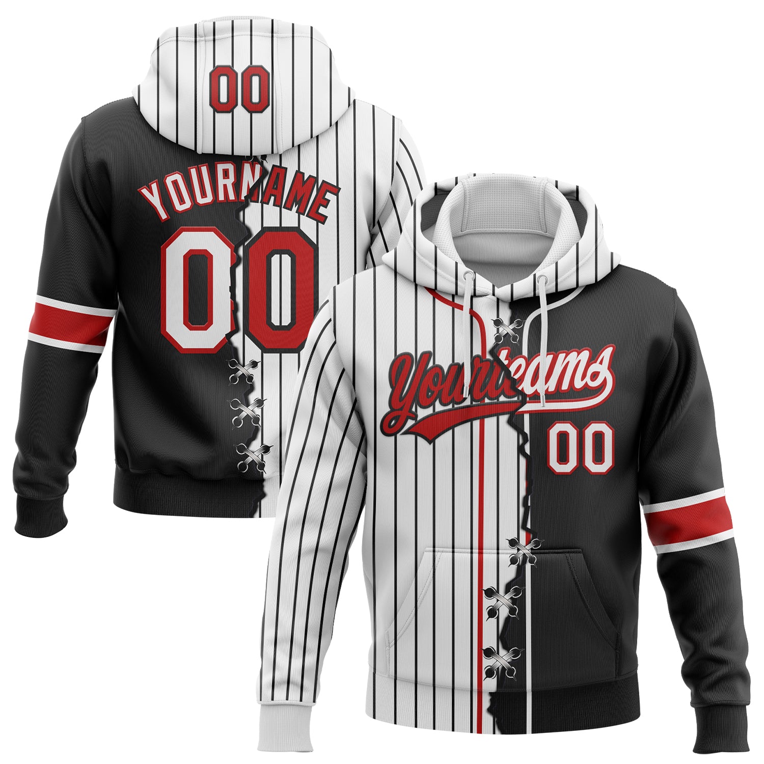 FansIdea Custom White Black Pinstripe-Red Split Ripped Pattern Baseball Pullover Sweatshirt Hoodie - $32.99 at Proof Eyewear
