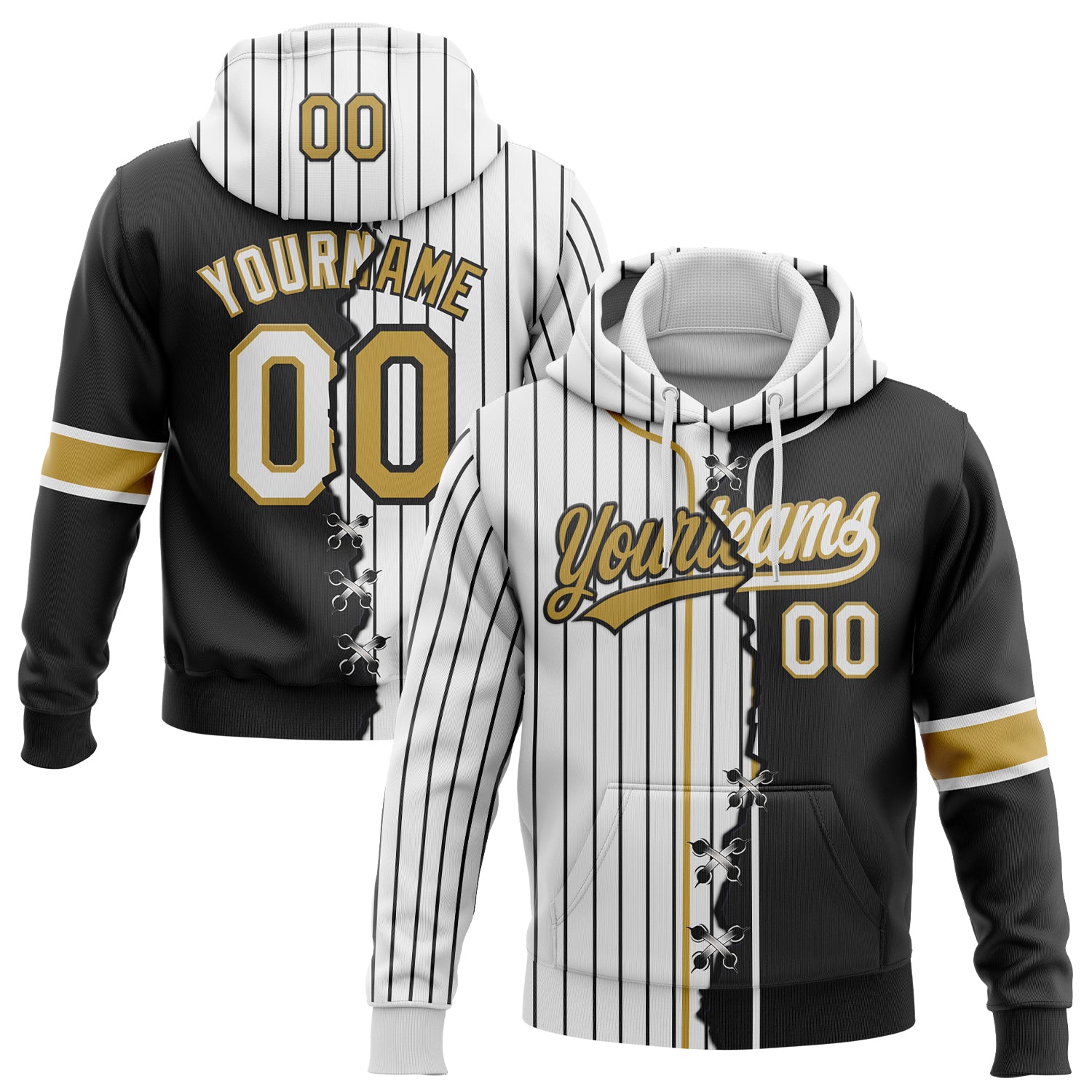 FansIdea Custom White Black Pinstripe-Old Gold Split Ripped Pattern Baseball Pullover Sweatshirt Hoodie - $32.99 at Proof Eyewear