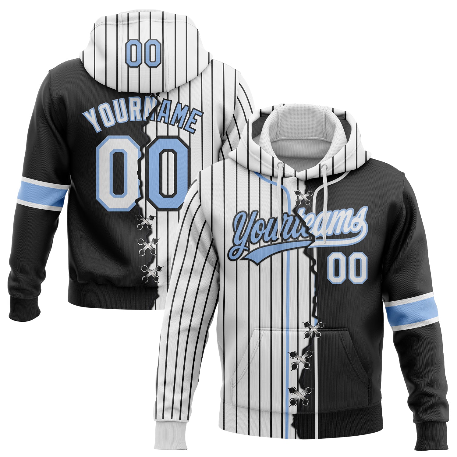 FansIdea Custom White Black Pinstripe-Light Blue Split Ripped Pattern Baseball Pullover Sweatshirt Hoodie - $32.99 at Proof Eyewear