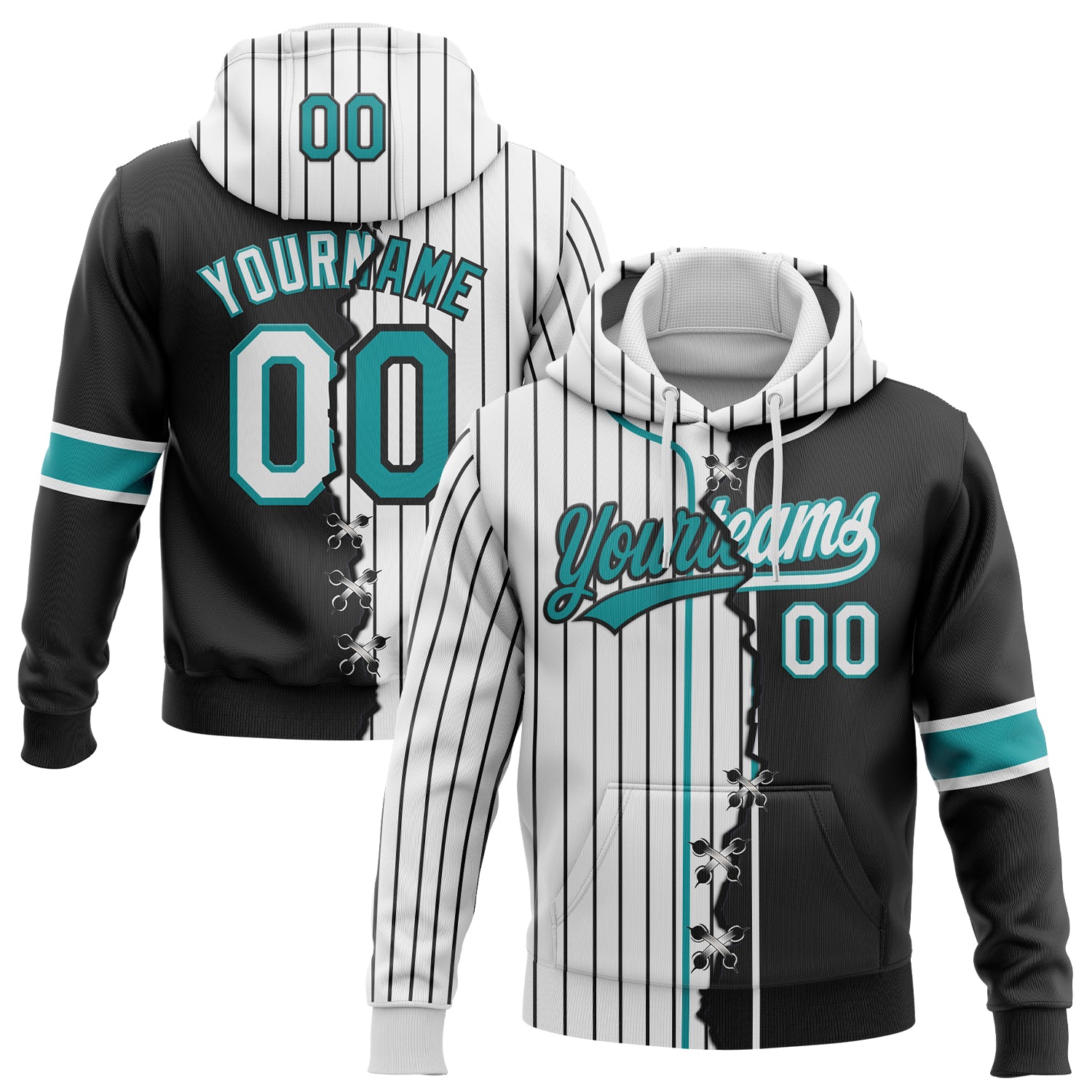FansIdea Custom White Black Pinstripe-Teal Split Ripped Pattern Baseball Pullover Sweatshirt Hoodie - $32.99 at Proof Eyewear