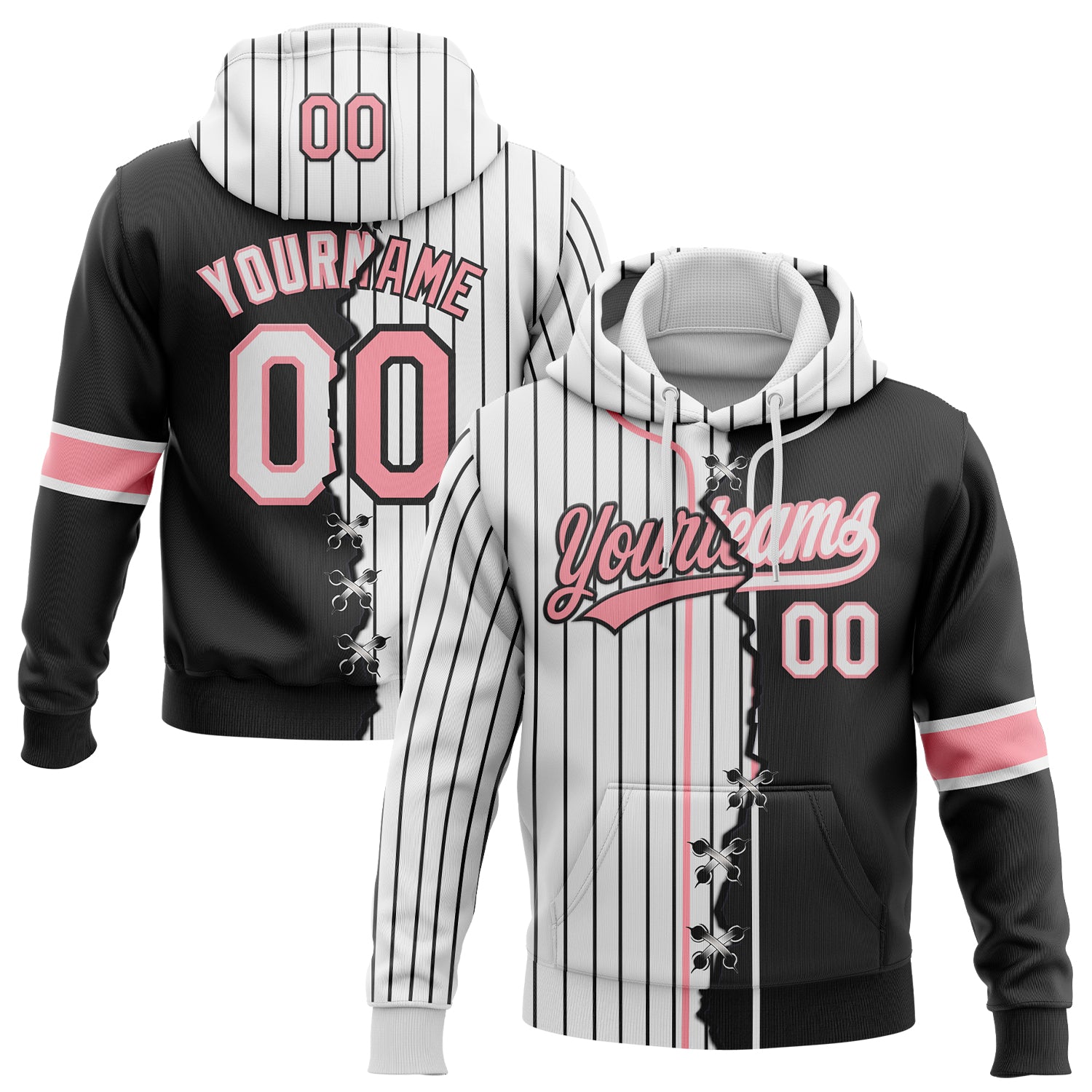 FansIdea Custom White Black Pinstripe-Medium Pink Split Ripped Pattern Baseball Pullover Sweatshirt Hoodie - $32.99 at Proof Eyewear