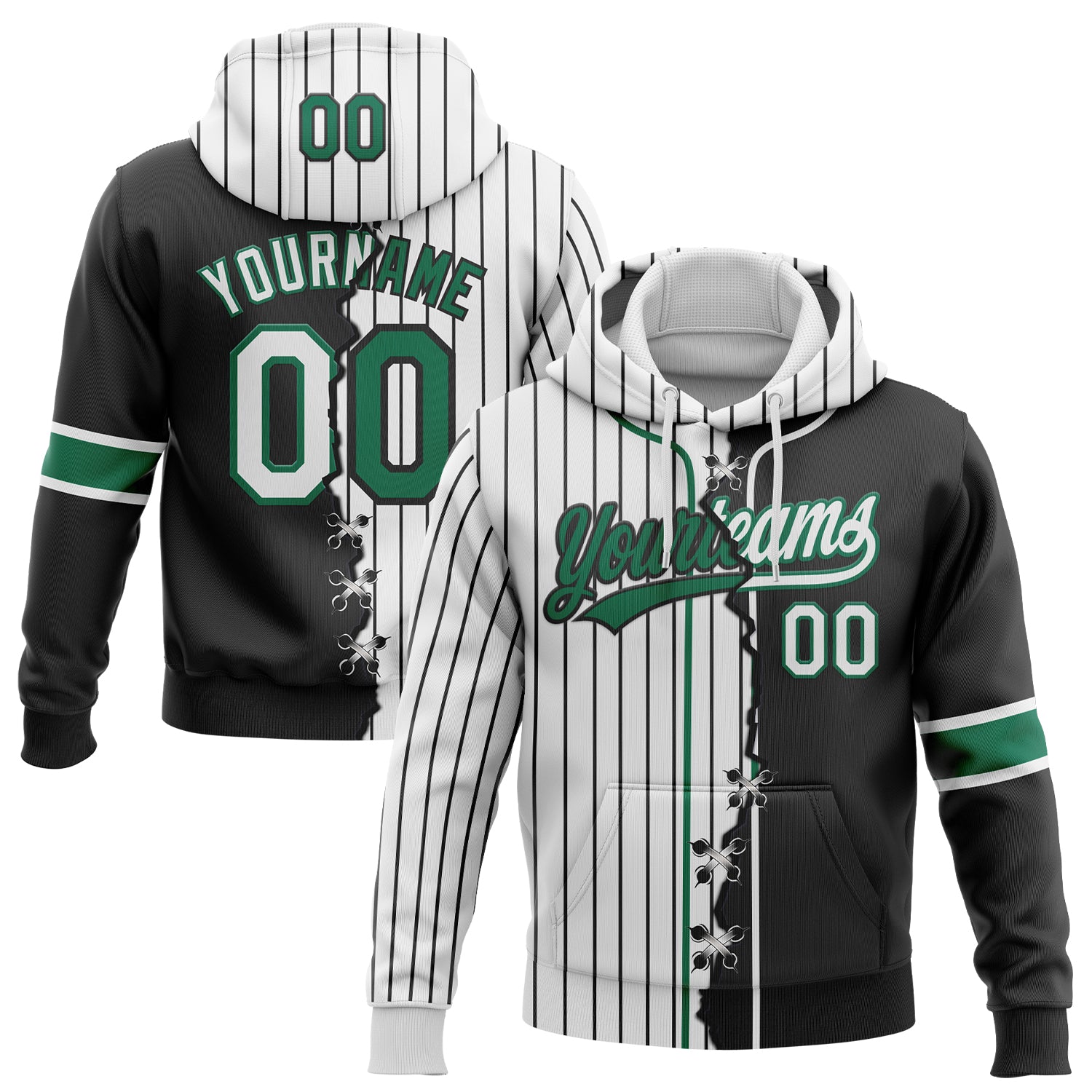 FansIdea Custom White Black Pinstripe-Kelly Green Split Ripped Pattern Baseball Pullover Sweatshirt Hoodie - $32.99 at Proof Eyewear