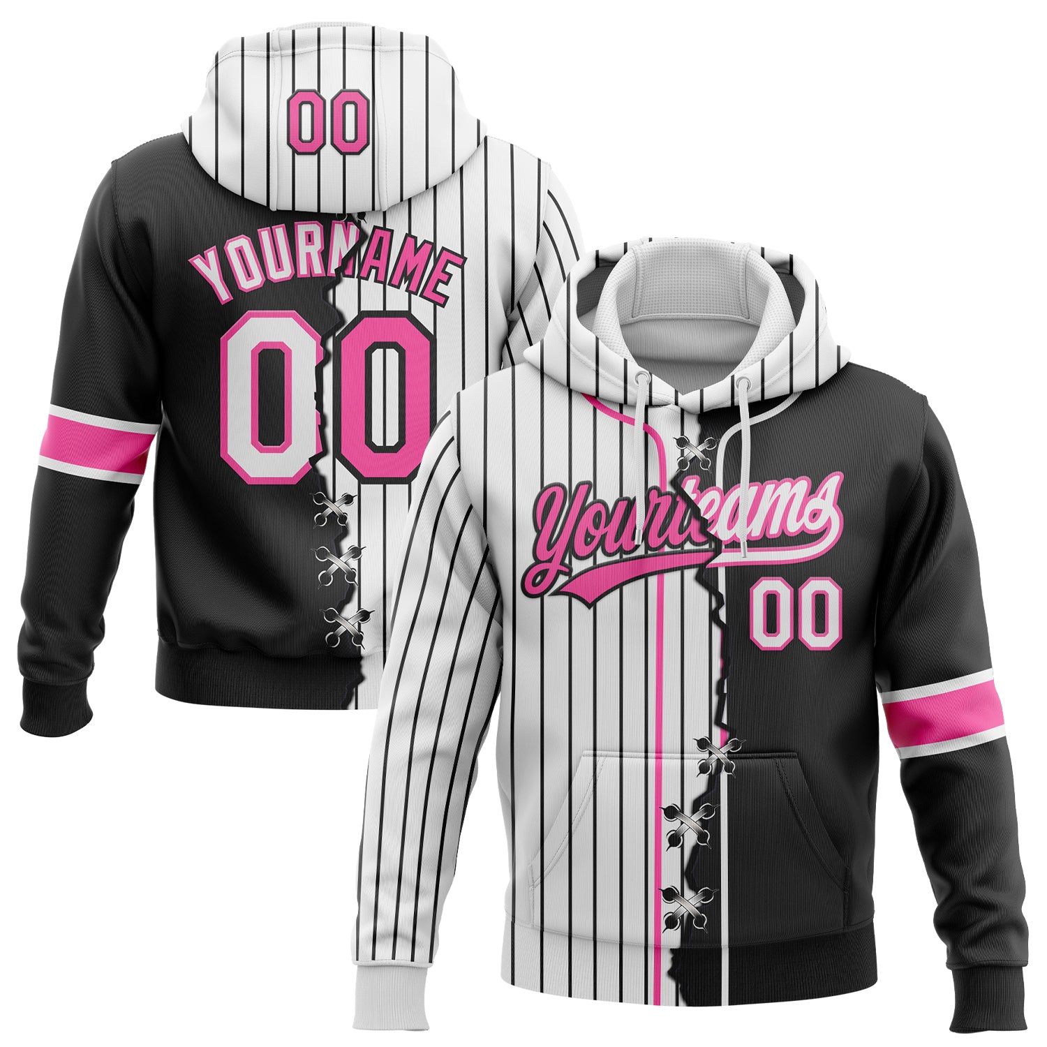 FansIdea Custom White Black Pinstripe-Pink Split Ripped Pattern Baseball Pullover Sweatshirt Hoodie - $32.99 at Proof Eyewear