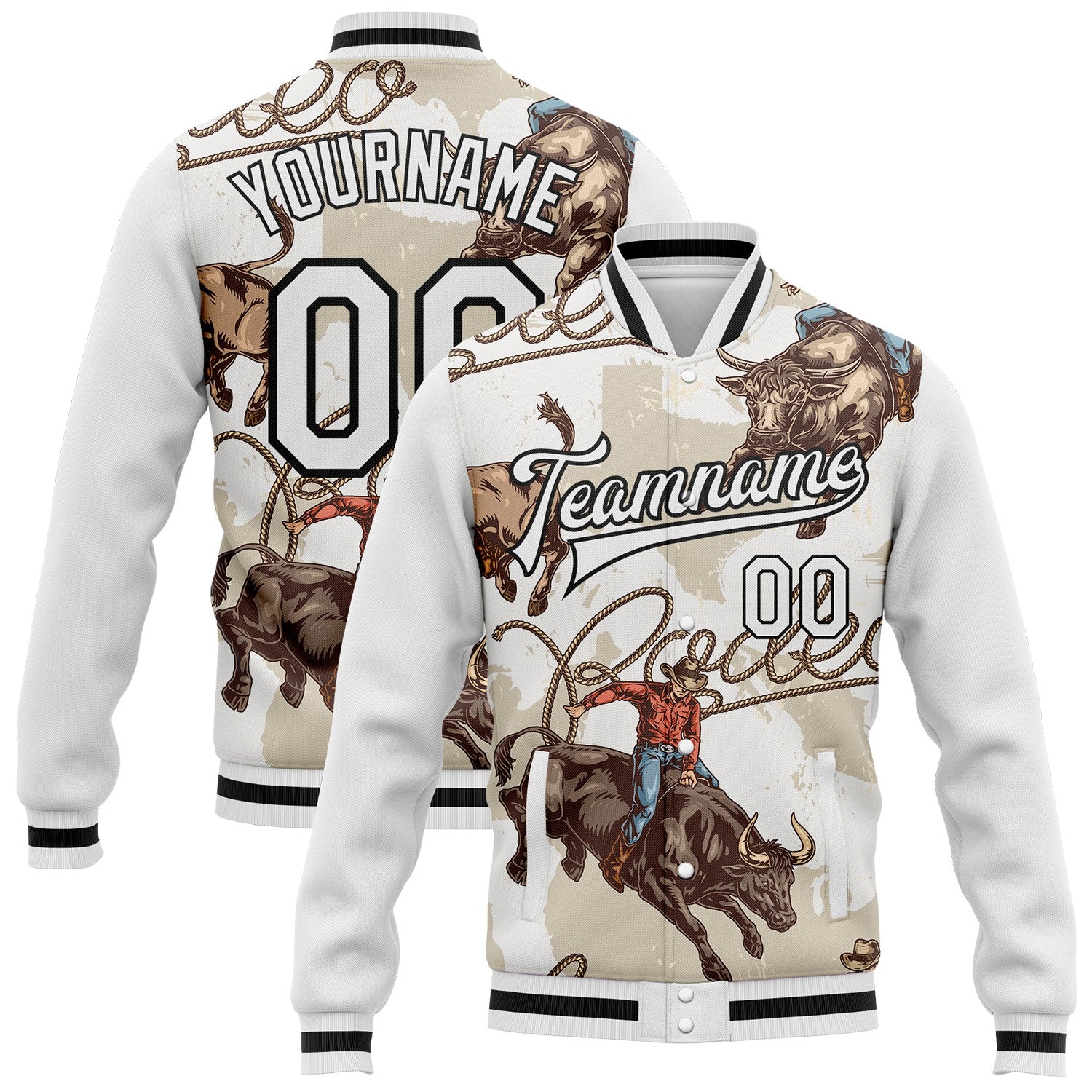 FansIdea Custom White-Black Vintage Western Cowboy Bomber Full-Snap Varsity Letterman Jacket - $38.99 at Proof Eyewear