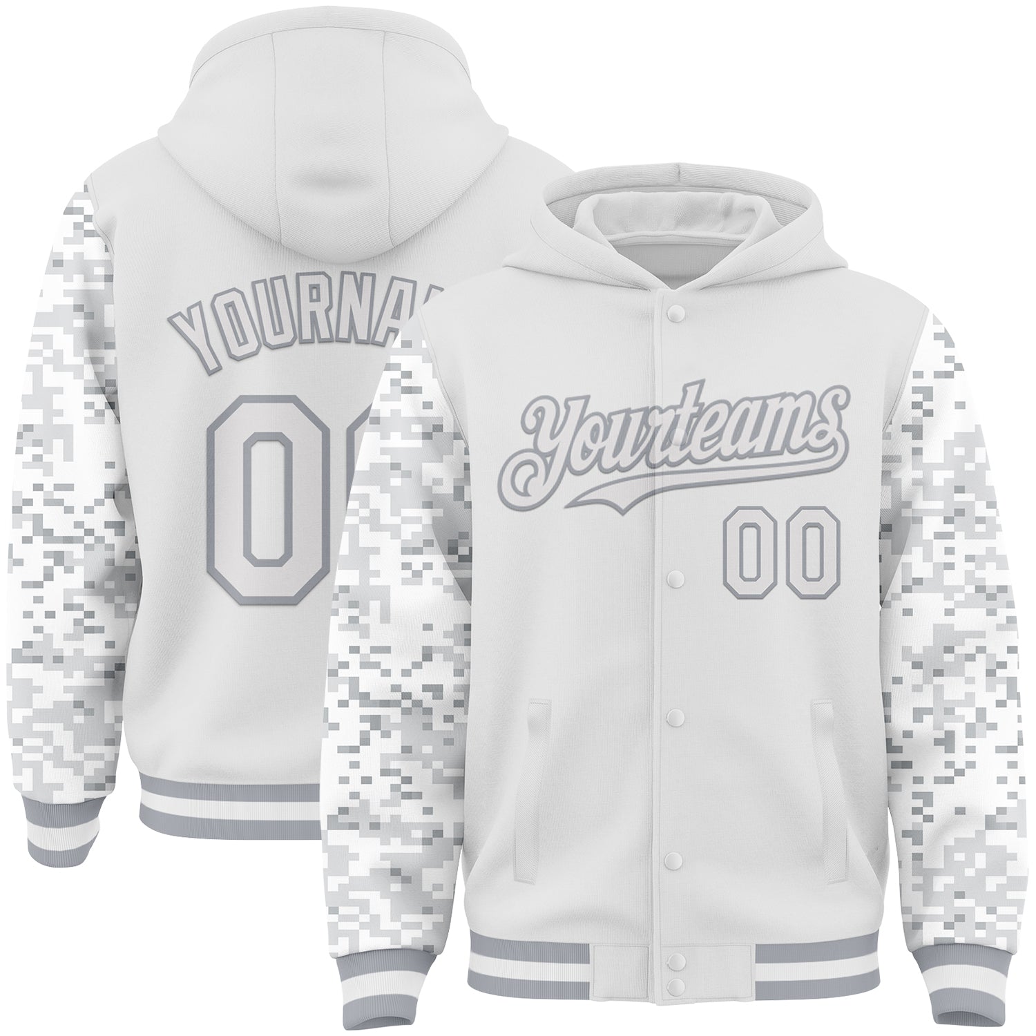 FansIdea Custom White-Gray Digital Camo Two Tone Bomber Full-Snap Varsity Letterman Hoodie Jacket - $38.99 at Proof Eyewear