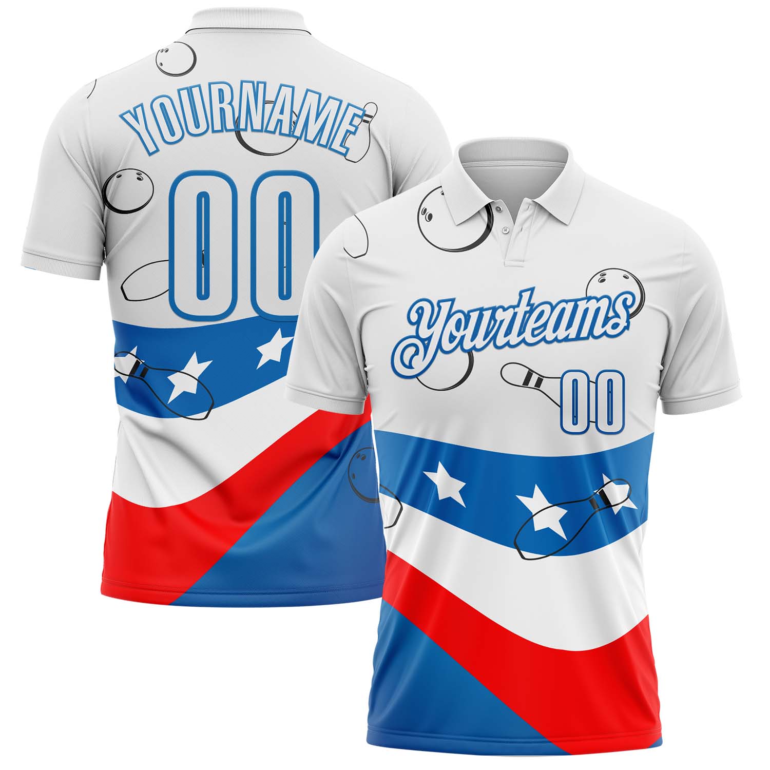FansIdea Custom White Red-Blue Bowling American Flag Performance Polo Shirt - $19.99 at Proof Eyewear
