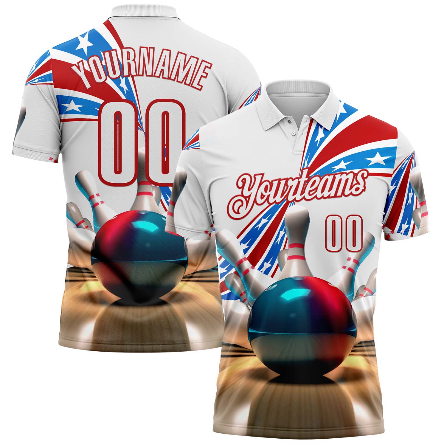 FansIdea Custom White-Red Bowling Strike American Flag Performance Polo Shirt - $19.99 at Proof Eyewear