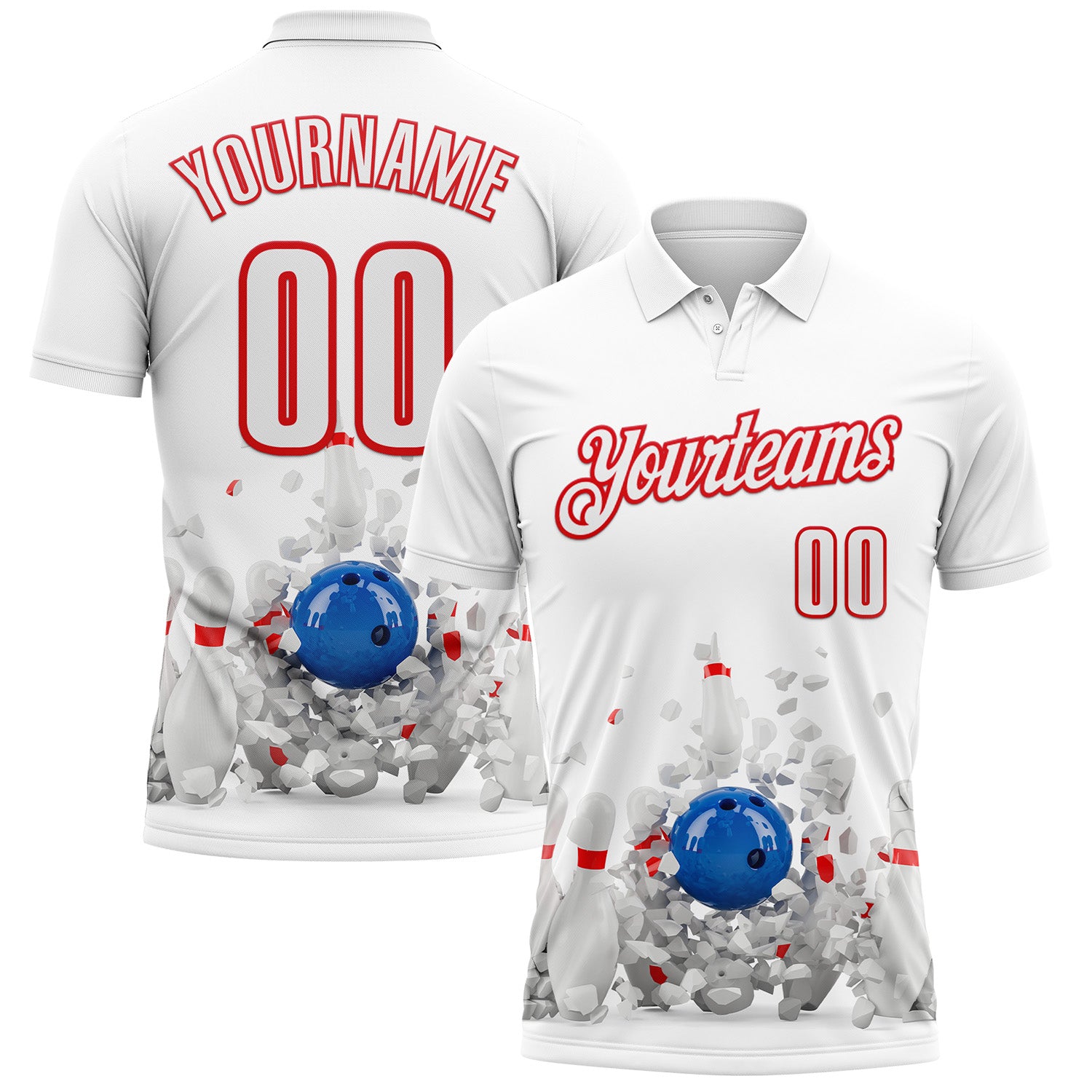 FansIdea Custom White-Fire Red Bowling Ball And Pins Strike Performance Polo Shirt - $19.99 at Proof Eyewear