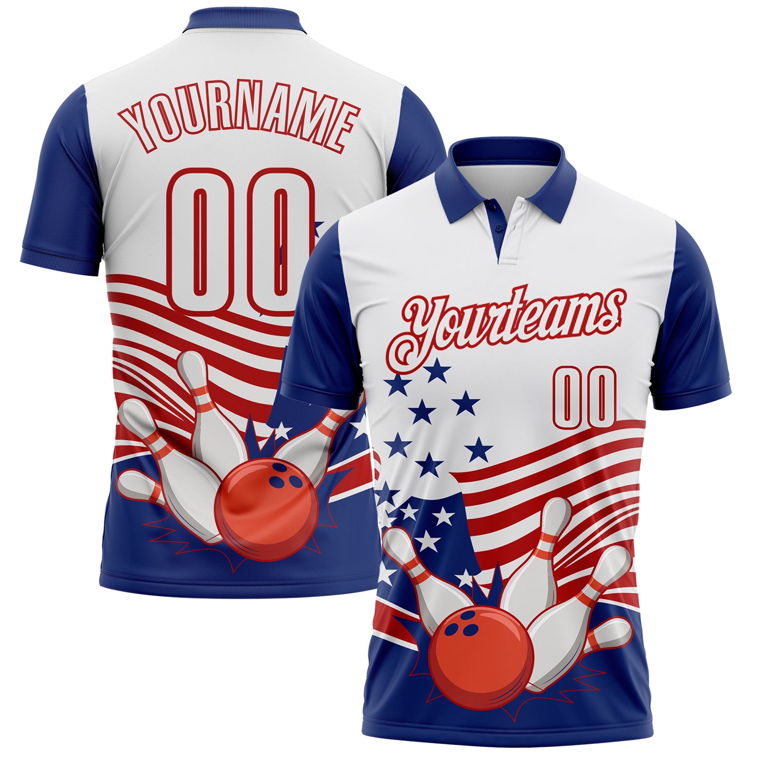 FansIdea Custom White Royal-Red Patriotic American Flag Bowling Ball And Pins Strike Performance Polo Shirt - $19.99 at Proof Eyewear
