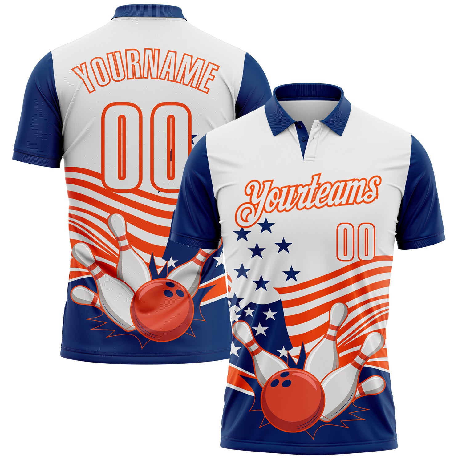 FansIdea Custom White US Navy Blue-Orange Patriotic American Flag Bowling Ball And Pins Strike Performance Polo Shirt - $19.99 at Proof Eyewear