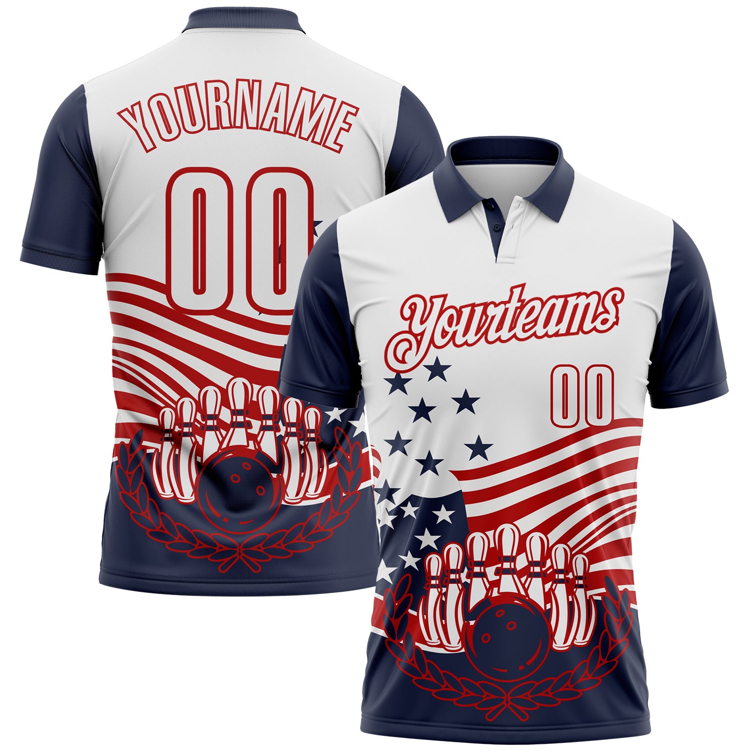 FansIdea Custom White Navy-Red Patriotic American Flag Bowling Ball And Pins Strike Performance Polo Shirt - $19.99 at Proof Eyewear