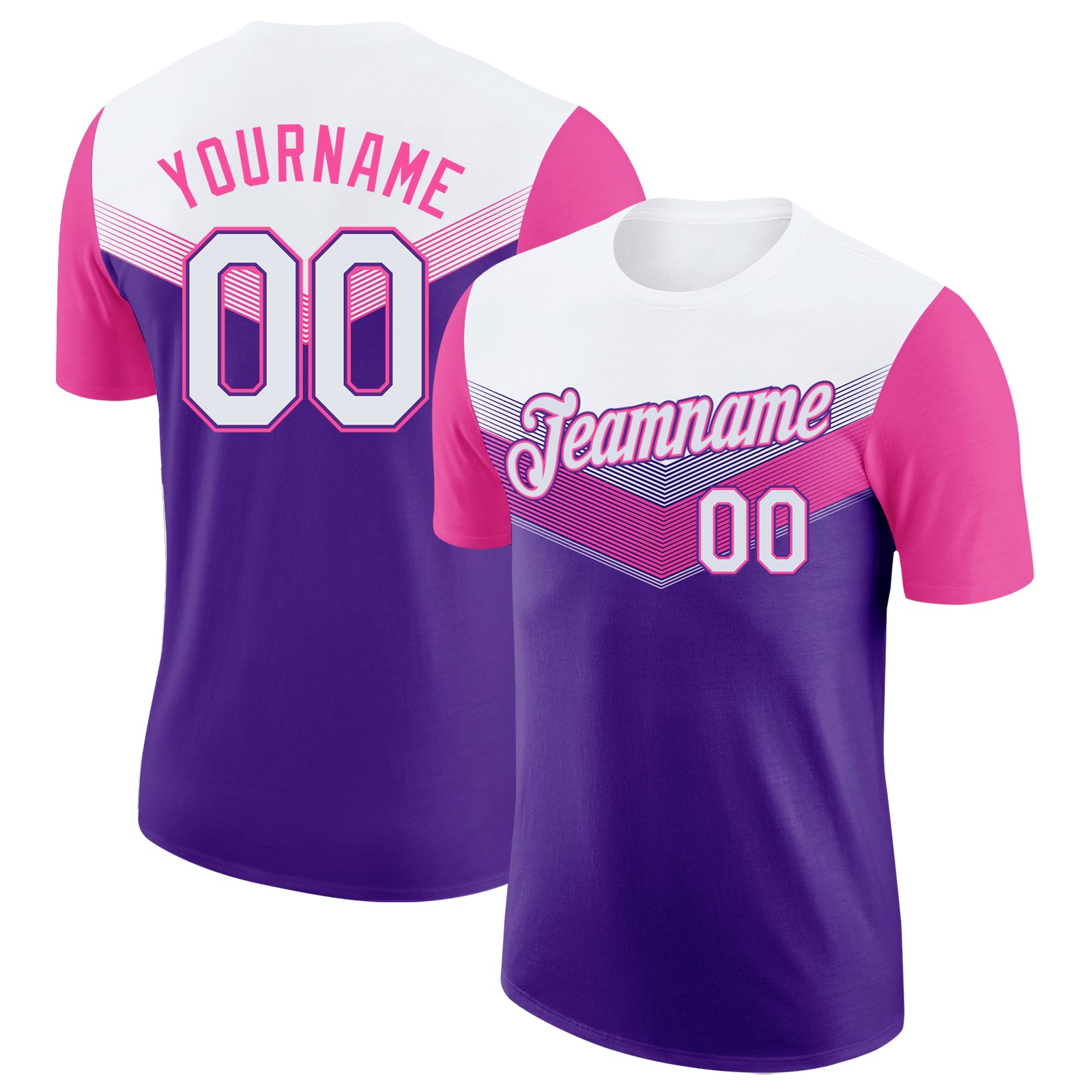FansIdea Custom White Purple-Pink Geometric V-Lines Color Block Performance T-Shirt - $14.99 at Proof Eyewear