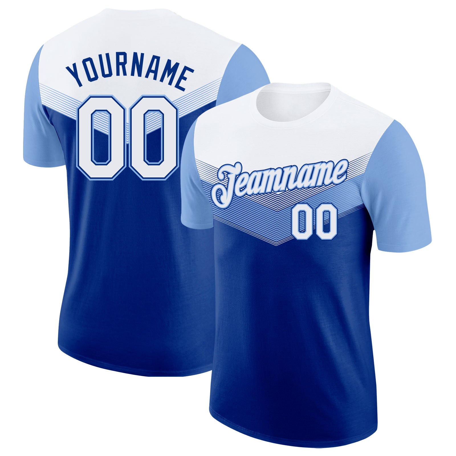 FansIdea Custom White Royal-Light Blue Geometric V-Lines Color Block Performance T-Shirt - $14.99 at Proof Eyewear