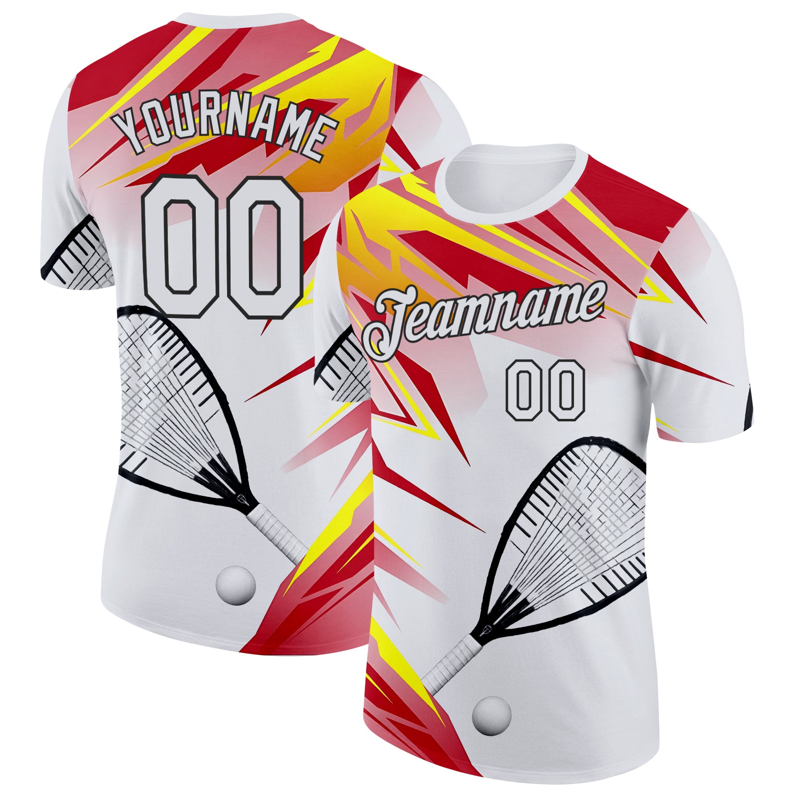 FansIdea Custom White Red Yellow-Black Racquetball Performance T-Shirt - $14.99 at Proof Eyewear