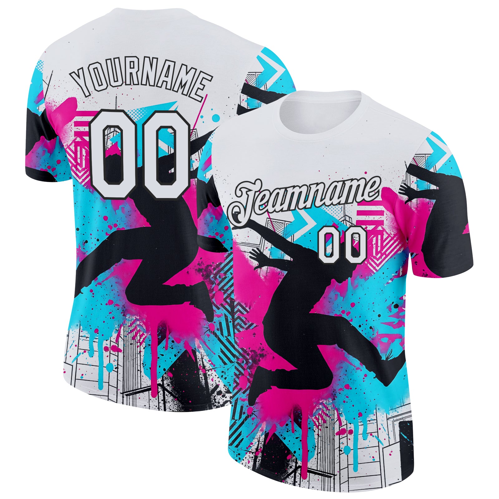 FansIdea Custom White Blue Pink-Black Parkour Streetwear Graffiti Performance T-Shirt - $14.99 at Proof Eyewear