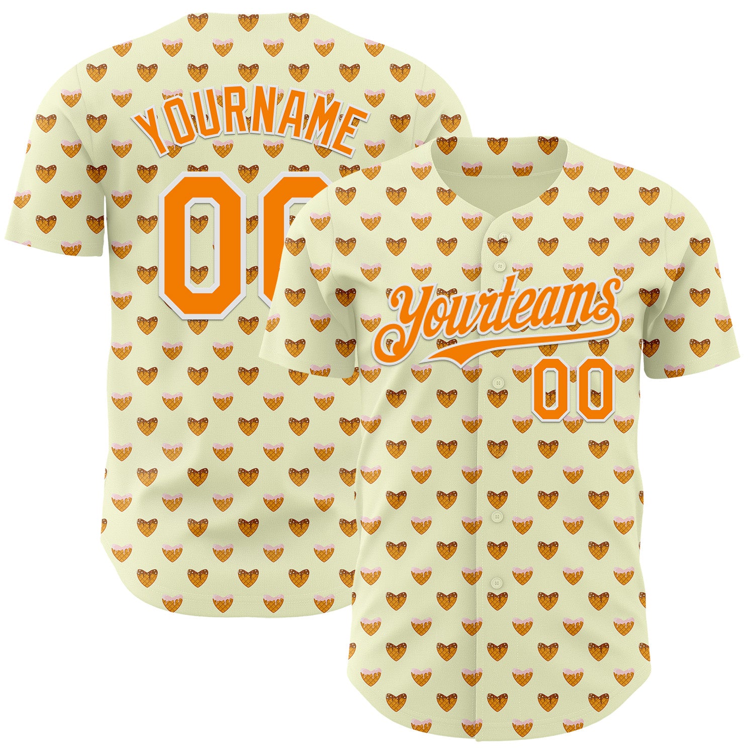 FansIdea Custom Yellow Bay Orange-White Foodie Heartshaped Waffles Sweets Authentic Baseball Jersey - $29.99 at Proof Eyewear