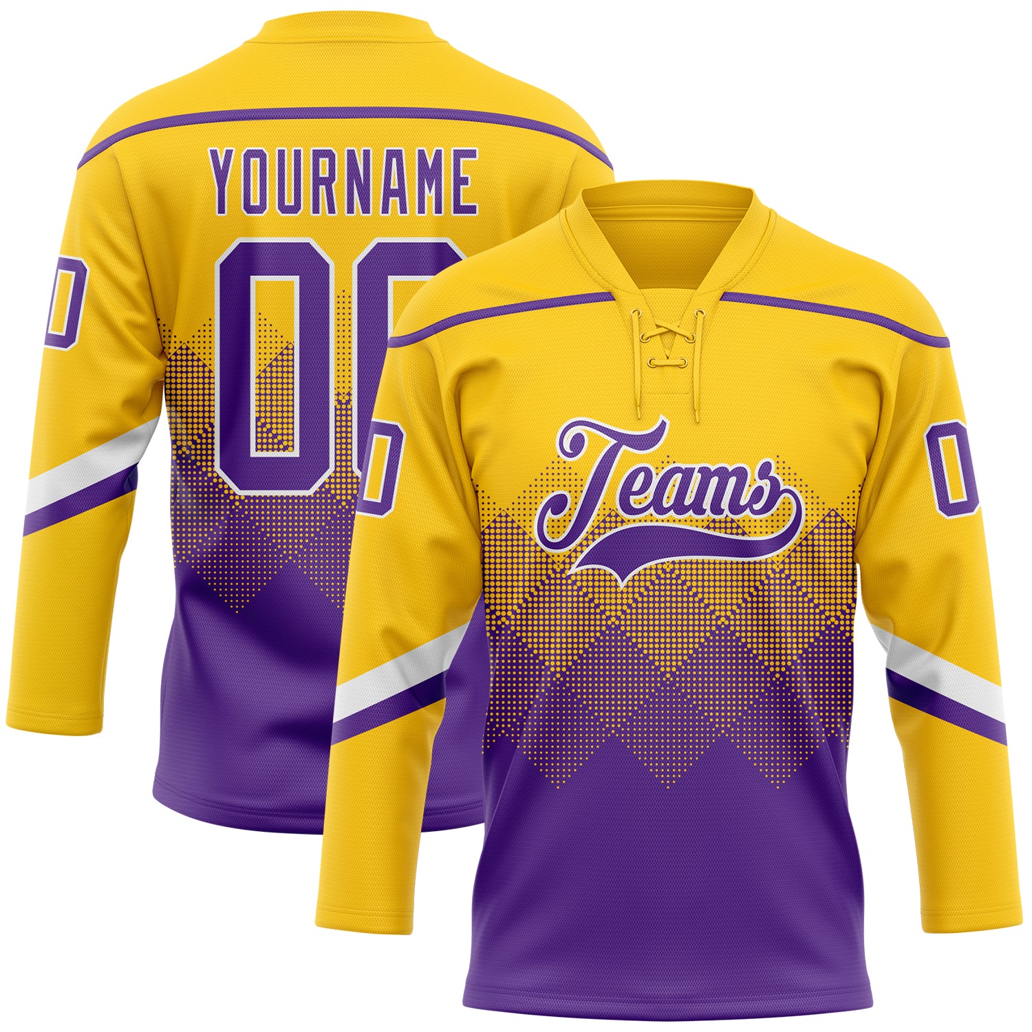 FansIdea Custom Yellow Purple-White 3D Pattern Gradient Square Shapes Hockey Lace Neck Jersey - $29.99 at Proof Eyewear