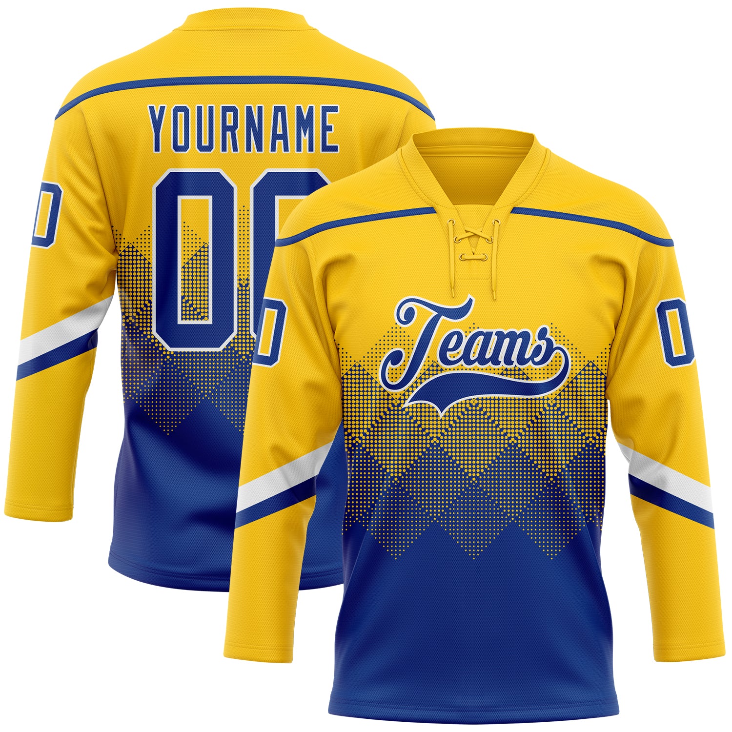FansIdea Custom Yellow Royal-White 3D Pattern Gradient Square Shapes Hockey Lace Neck Jersey - $29.99 at Proof Eyewear
