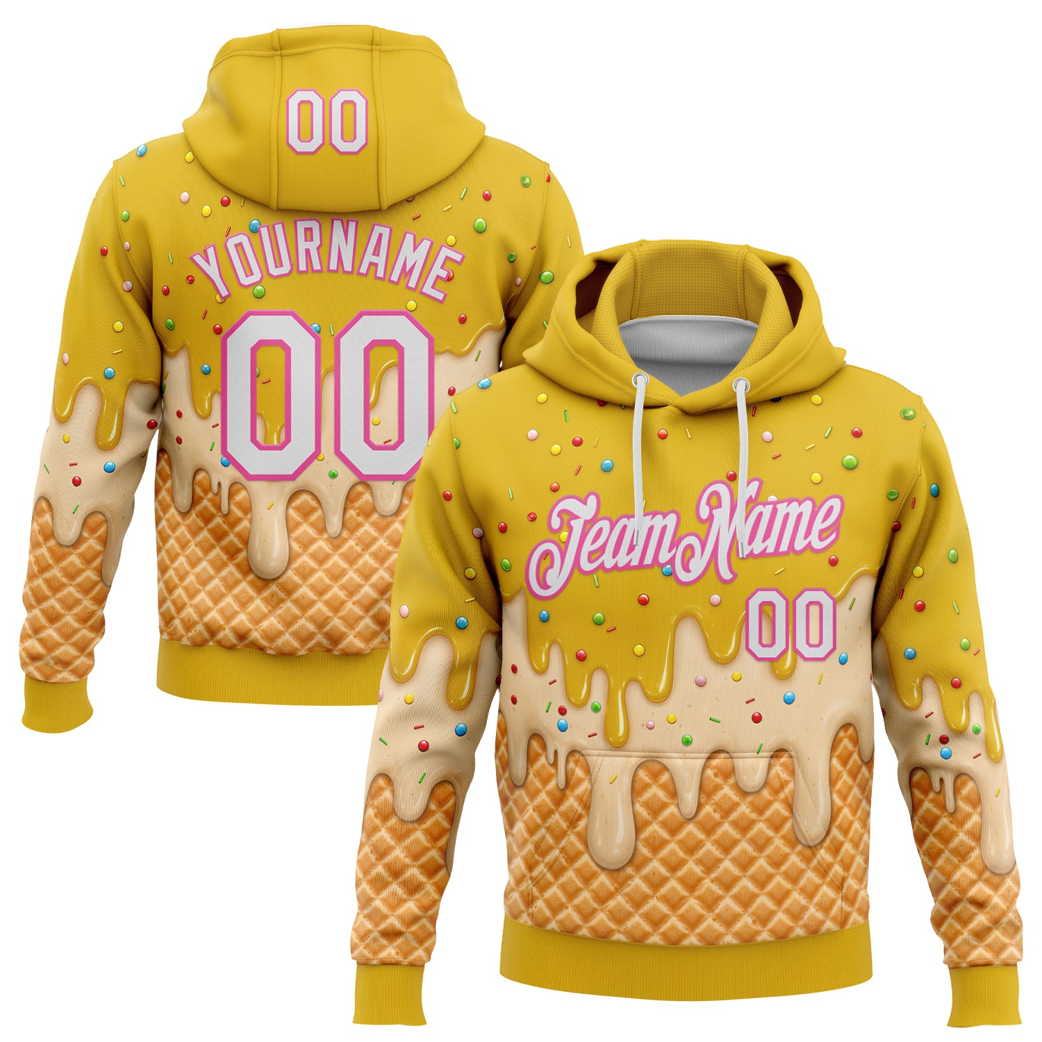 FansIdea Custom Stitched Yellow White-Pink Ice Cream Waffle Foodie Dessert Pullover Sweatshirt Hoodie - $32.99 at Proof Eyewear