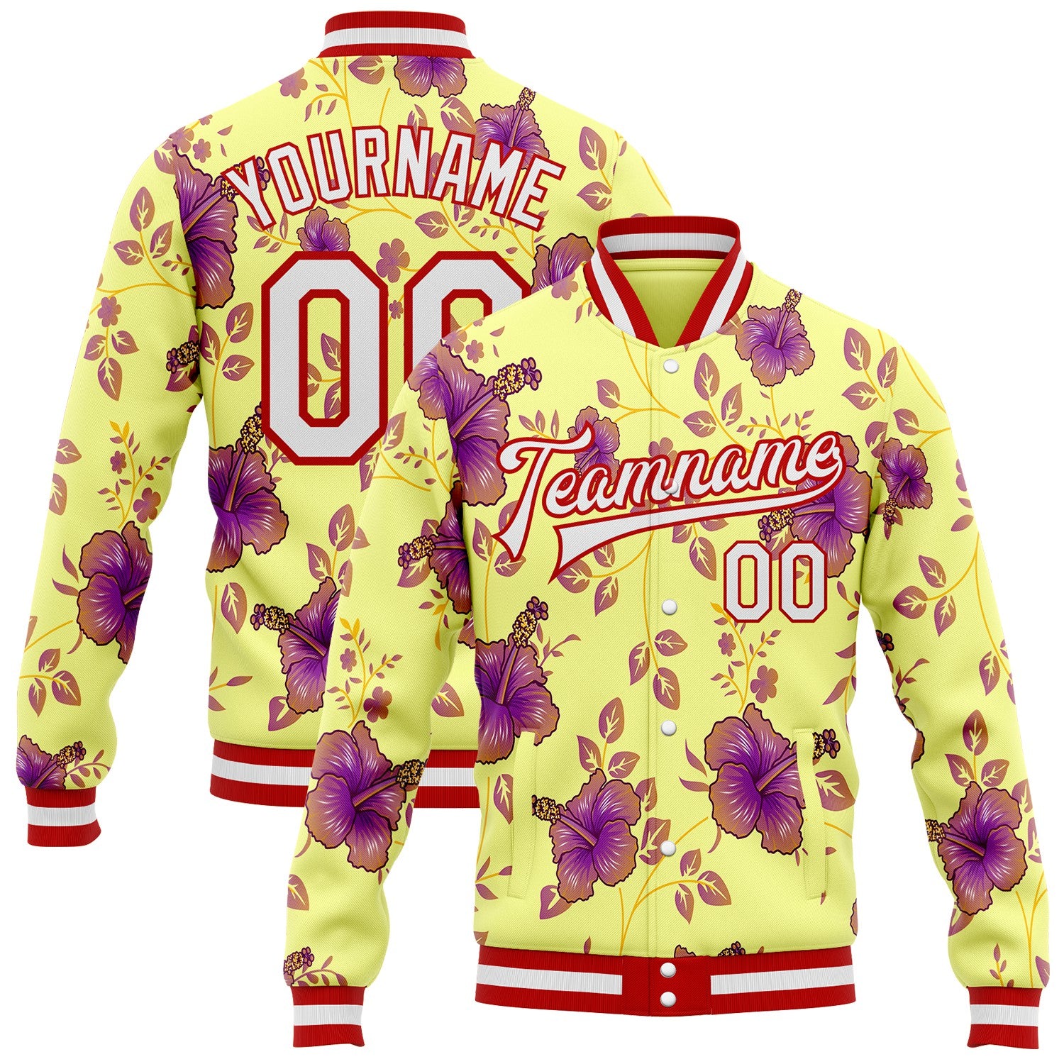 FansIdea Custom Yellow White-Red Hawaii State Flower Hibiscus Bomber Full-Snap Varsity Letterman Jacket - $38.99 at Proof Eyewear