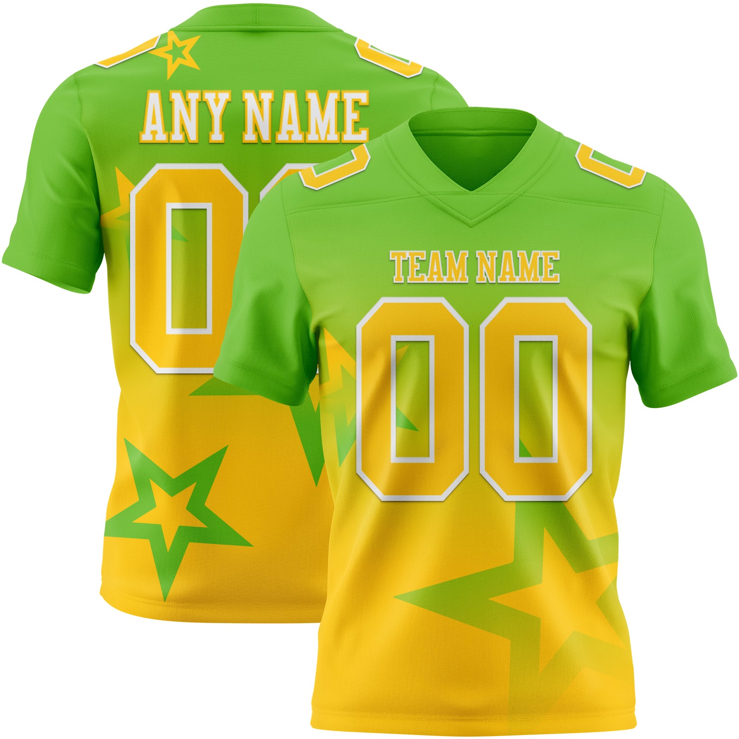 FansIdea Custom Aurora Green Yellow-White Authentic Gradient Style Twinkle Star Football Jersey - $19.99 at Proof Eyewear