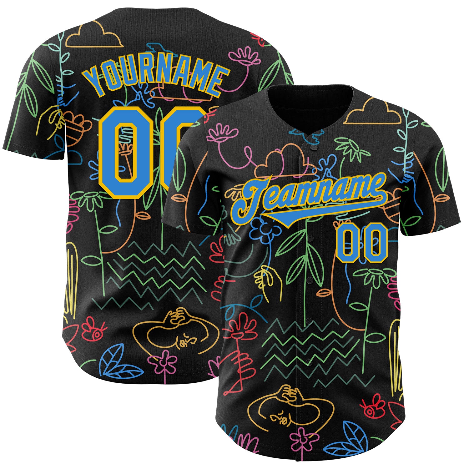 Custom Black Electric Blue-Yellow Ninhol My Garden Authentic Baseball Jersey