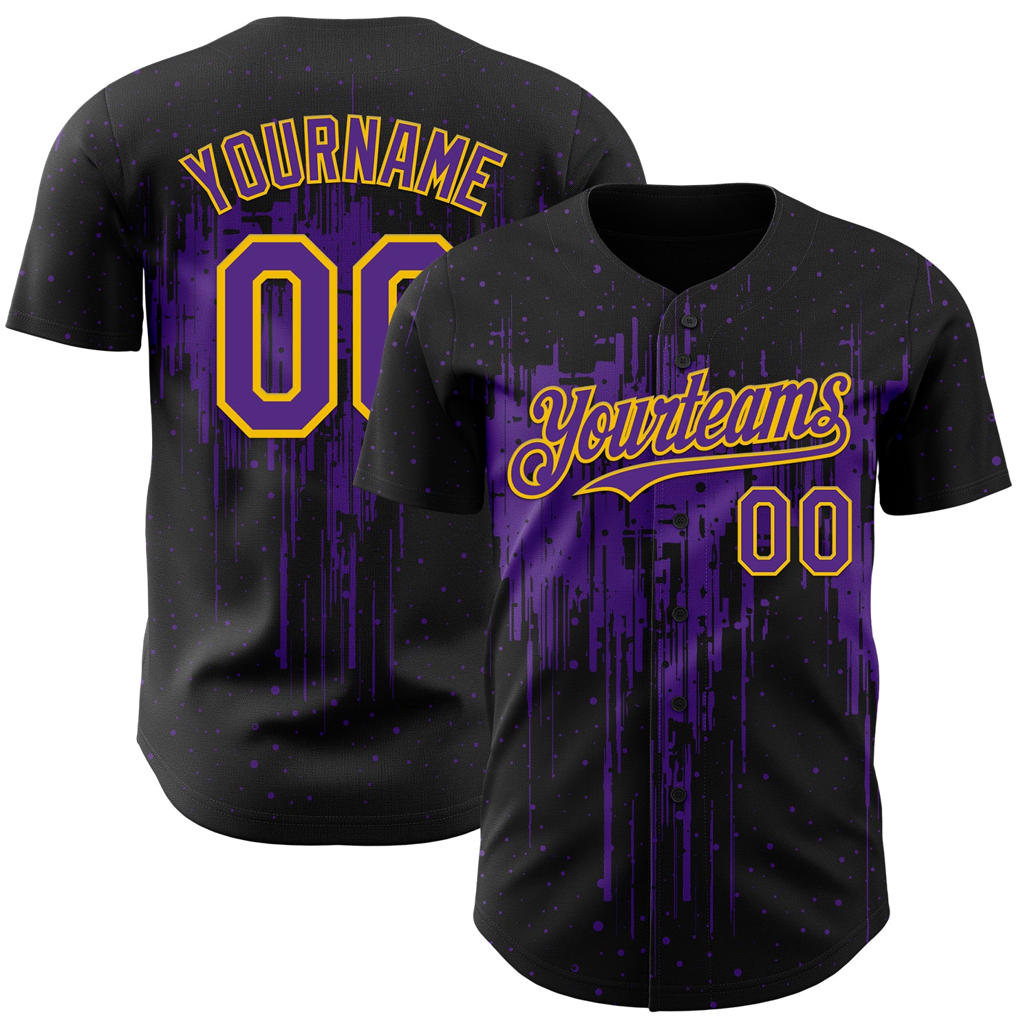 FansIdea Custom Black Purple-Yellow Dripping Splatter Paint Authentic Baseball Jersey - $29.99 at Proof Eyewear