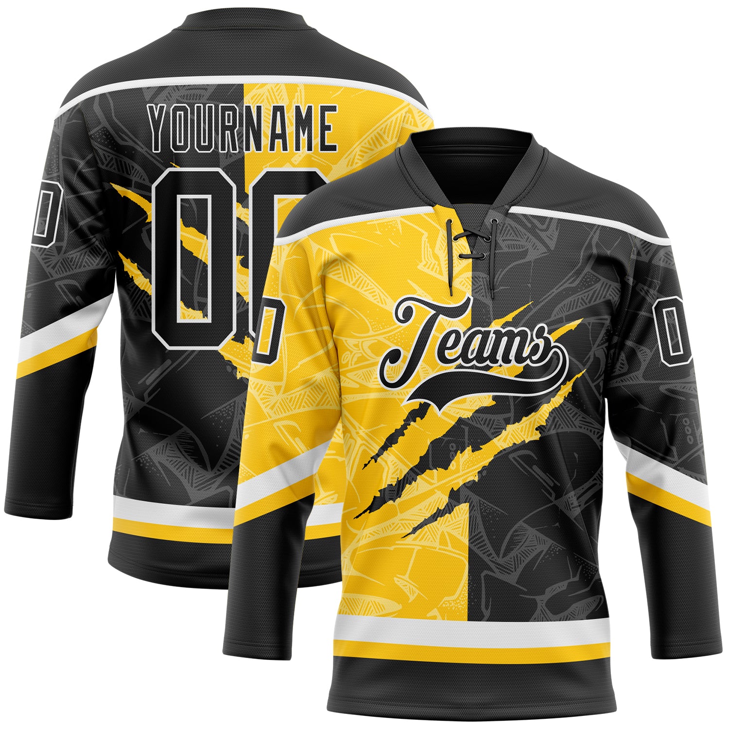 FansIdea Custom Black Yellow-White 3D Pattern Gradient Fashion Scratch Hockey Lace Neck Jersey - $29.99 at Proof Eyewear