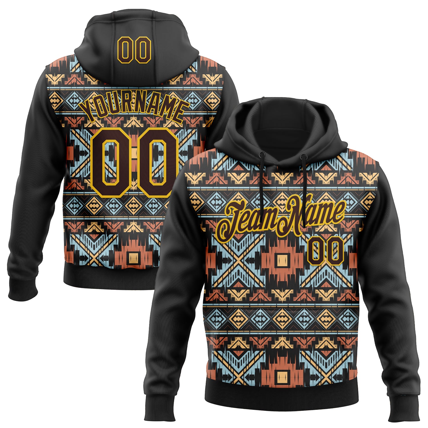 FansIdea Custom Stitched Black Brown-Yellow 3D Pattern Design Tribal Ethnic Native American Sports Pullover Sweatshirt Hoodie - $32.99 at Proof Eyewear