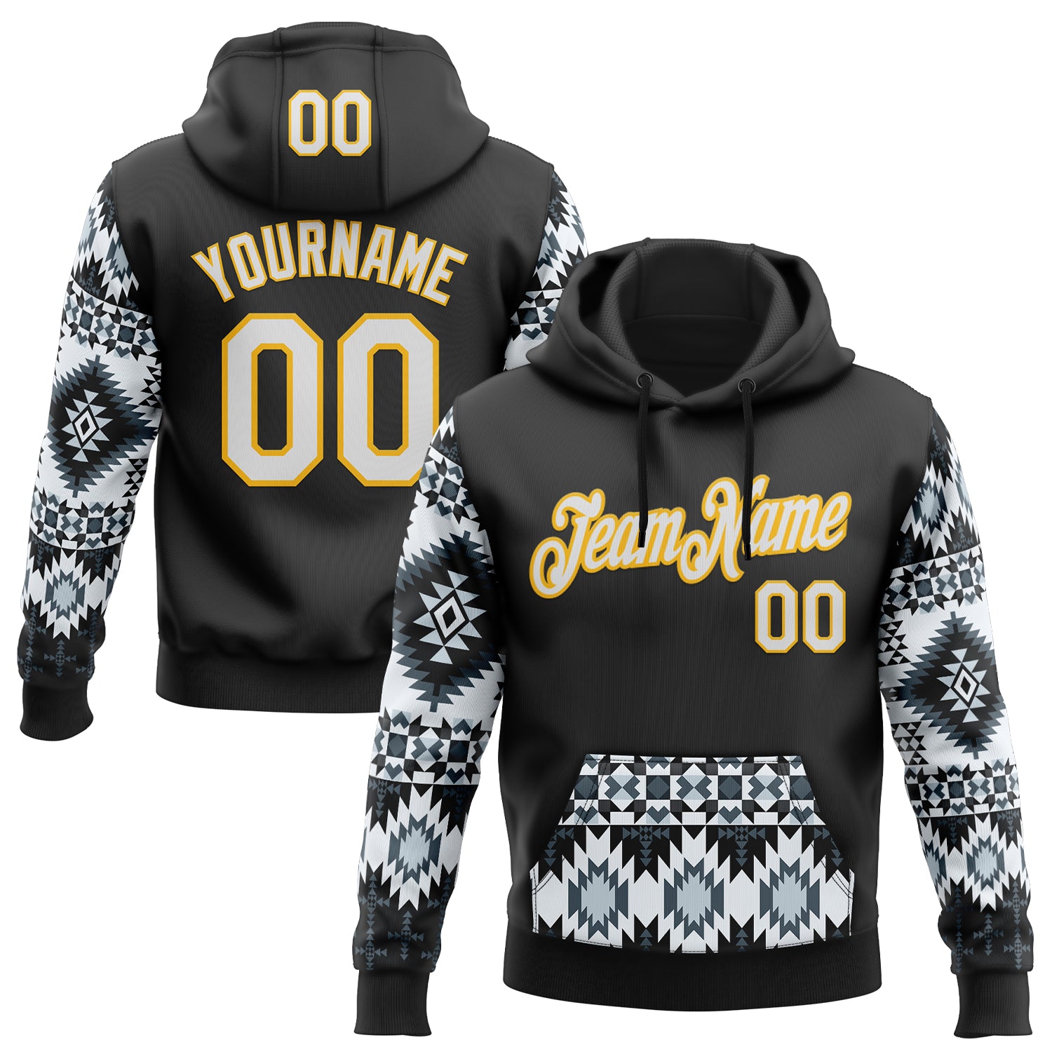 FansIdea Custom Stitched Black White-Yellow 3D Pattern Design Tribal Ethnic Native American Sports Pullover Sweatshirt Hoodie - $32.99 at Proof Eyewear