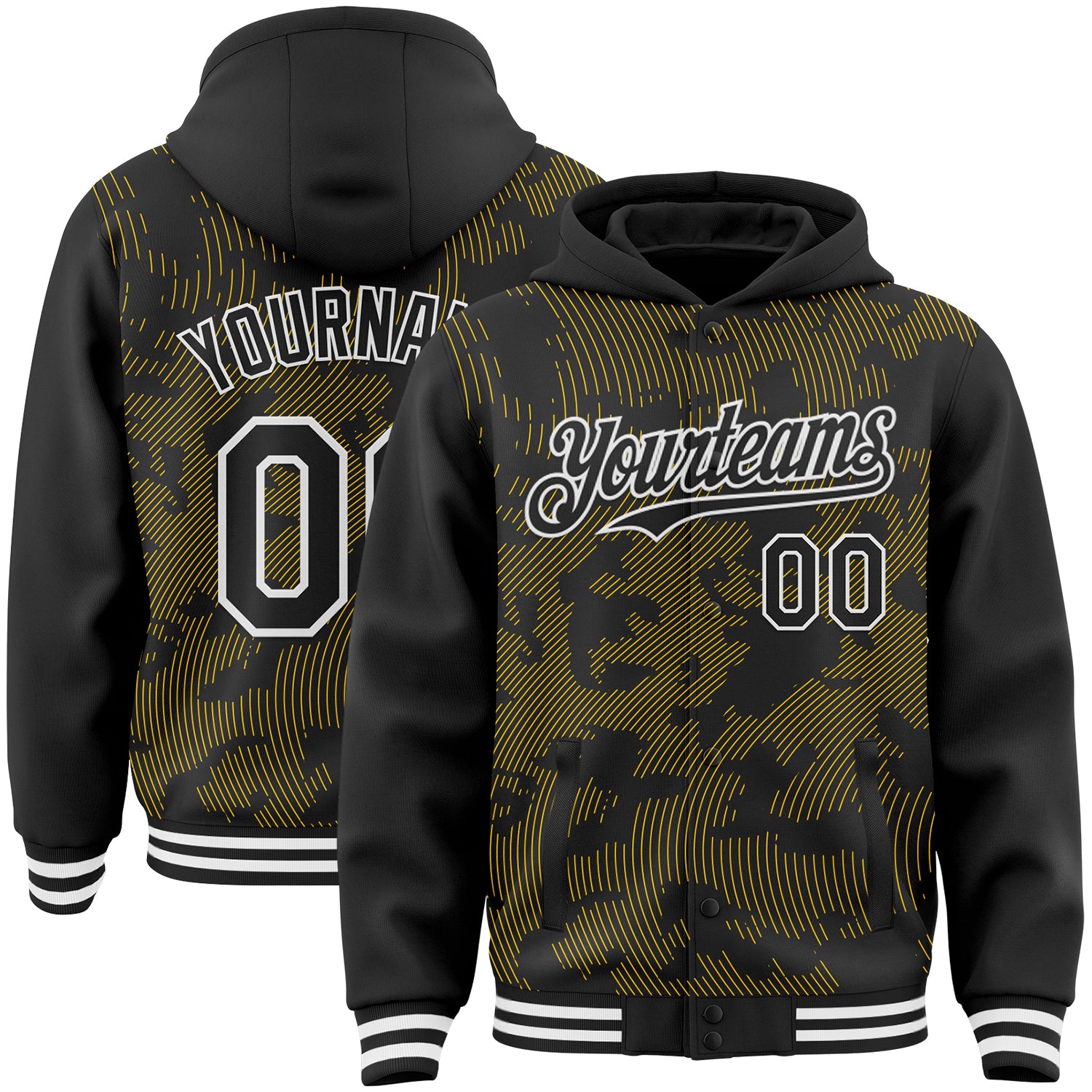FansIdea Custom Black Yellow-White Curve Lines Bomber Full-Snap Varsity Letterman Hoodie Jacket - $38.99 at Proof Eyewear