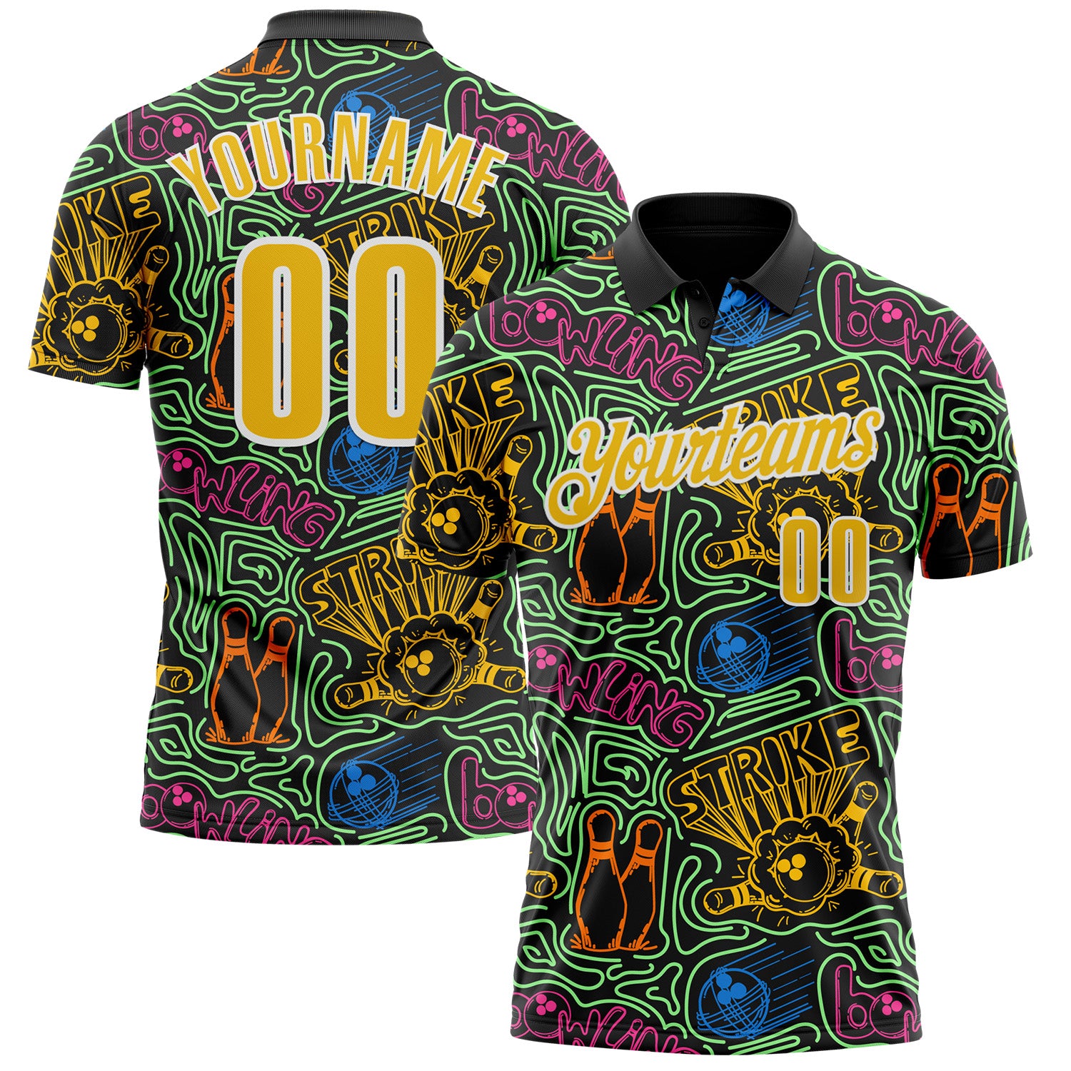 FansIdea Custom Black Yellow-White Bowling Ball And Pins Strike Performance Polo Shirt - $19.99 at Proof Eyewear