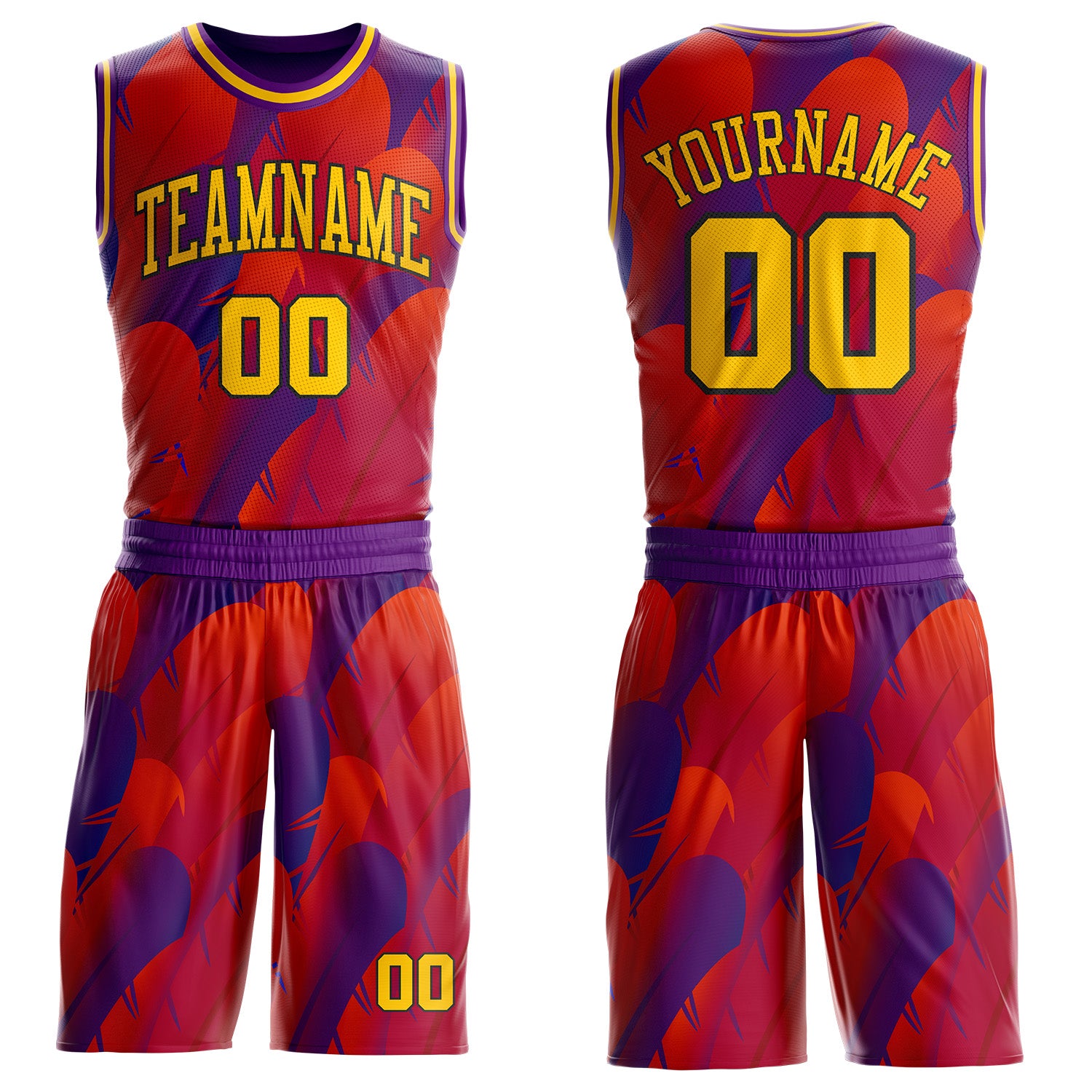 FansIdea Custom Purple Yellow Red-Black Feather Wing Boho Style Round Neck Sublimation Basketball Uniform Jersey - $25.99 at Proof Eyewear