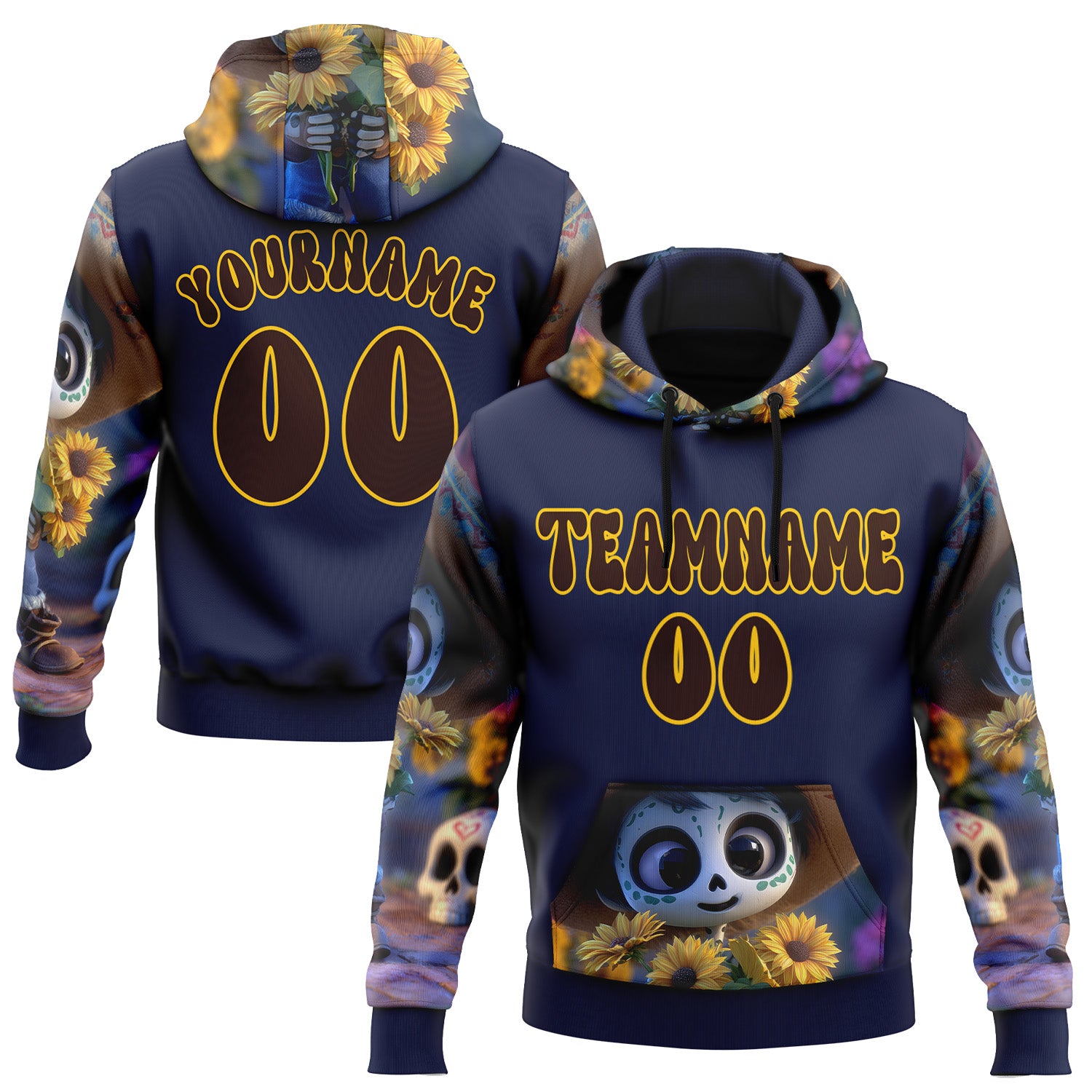 FansIdea Custom Blue Brown-Yellow 3D Skull Sunflower Day Of The Dead Dia de los Muertos Sports Pullover Sweatshirt Hoodie - $32.99 at Proof Eyewear