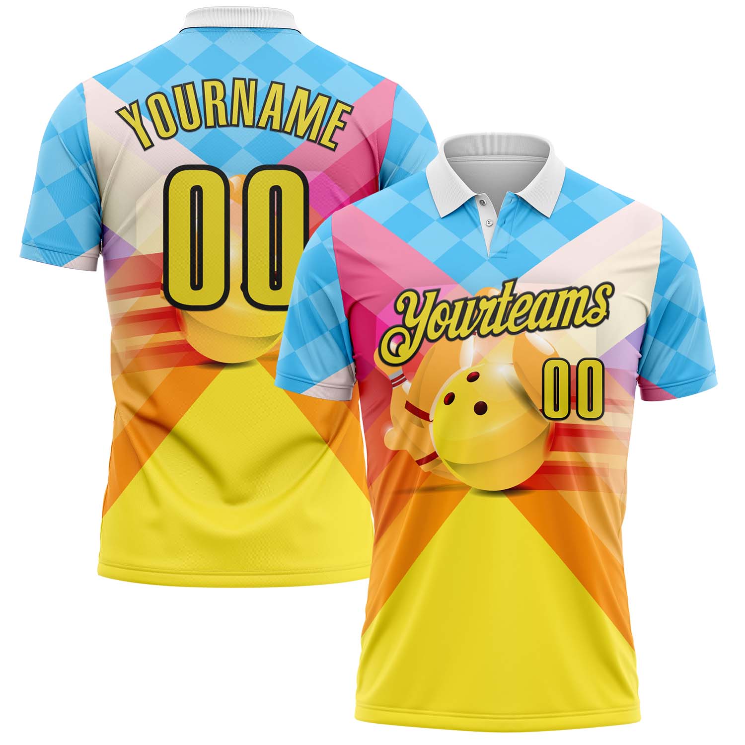 FansIdea Custom Blue Yellow-Black Bowling Strike Colorful Geometric Performance Polo Shirt - $19.99 at Proof Eyewear
