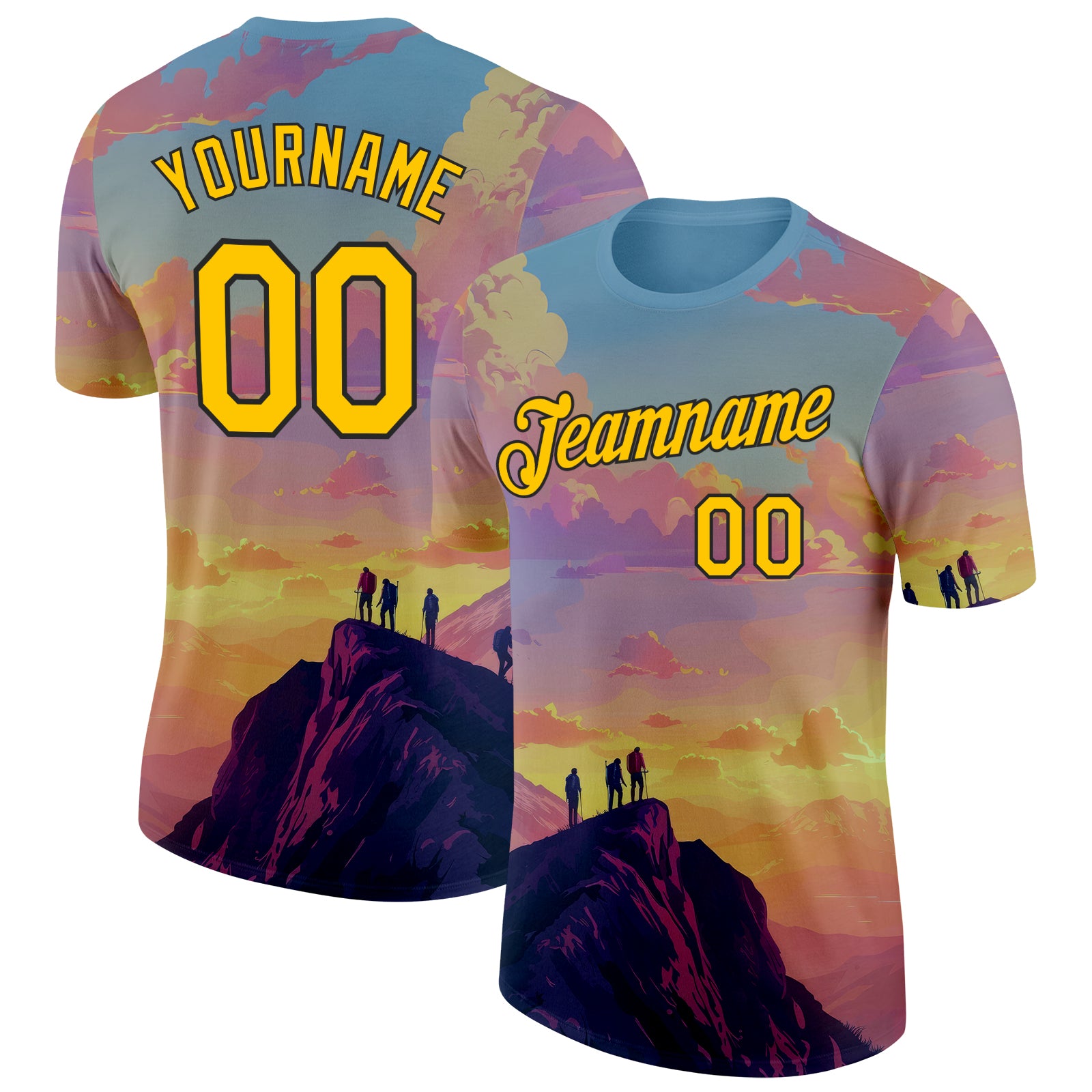 FansIdea Custom Blue Yellow Pink-Black Mountain Climbing Performance T-Shirt - $14.99 at Proof Eyewear