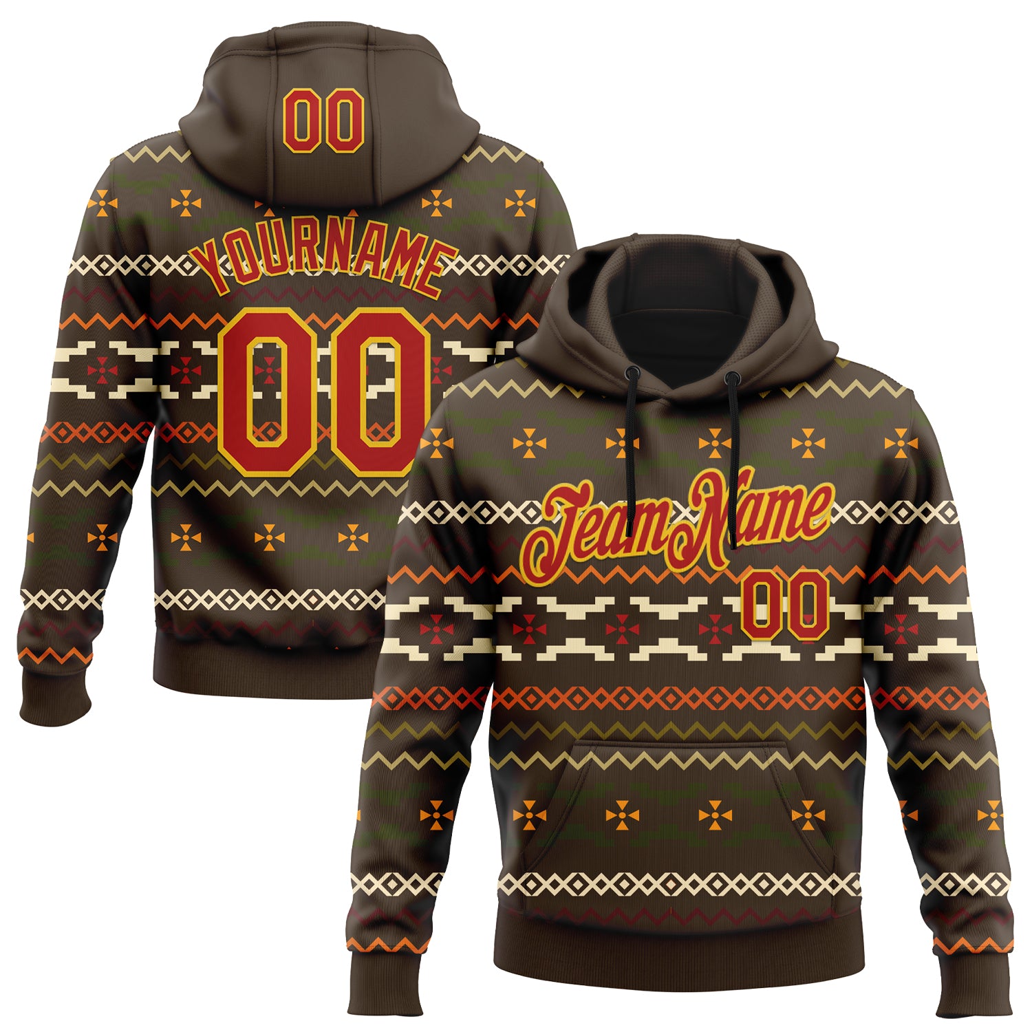 FansIdea Custom Stitched Brown Red-Yellow 3D Pattern Design Tribal Ethnic Native American Sports Pullover Sweatshirt Hoodie - $32.99 at Proof Eyewear