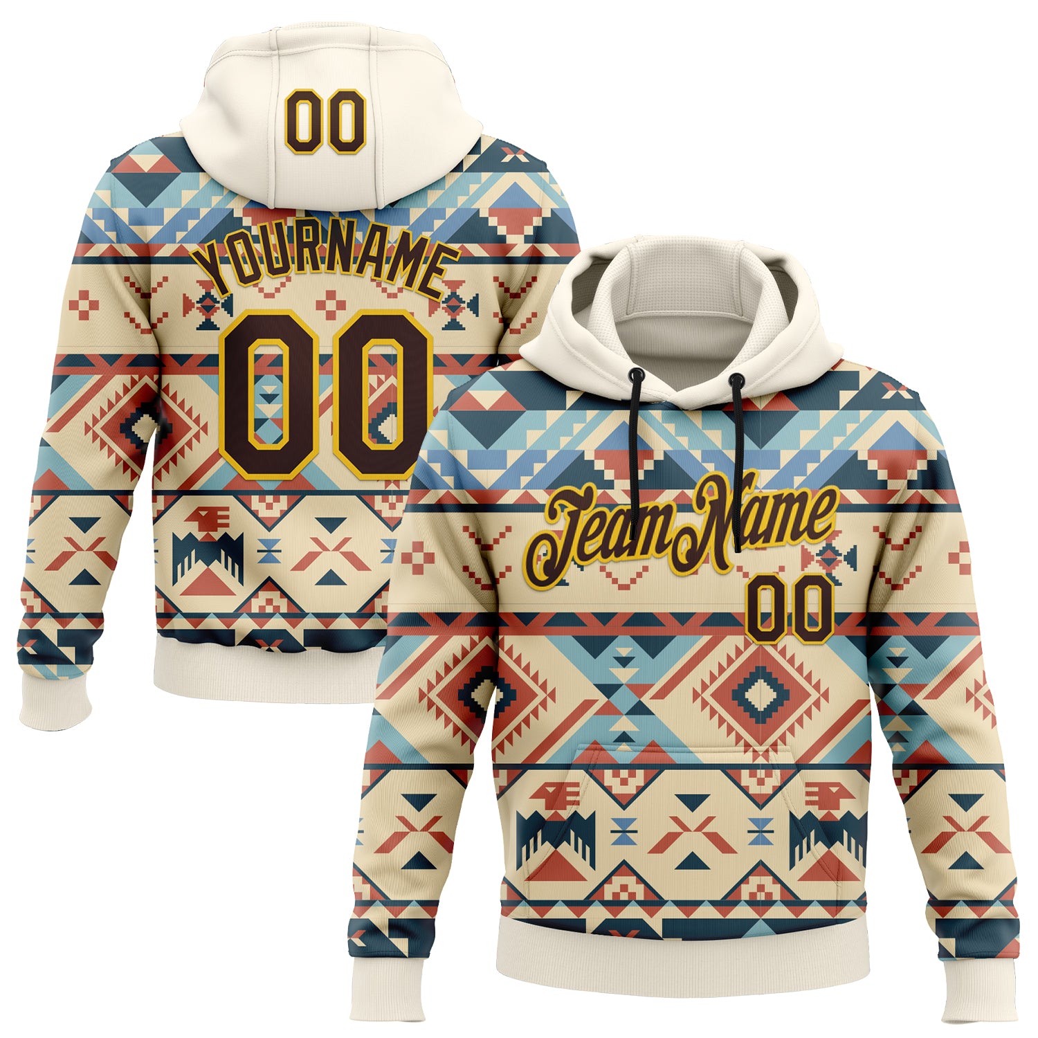 FansIdea Custom Stitched Cream Brown-Yellow 3D Pattern Design Tribal Ethnic Native American Sports Pullover Sweatshirt Hoodie - $32.99 at Proof Eyewear