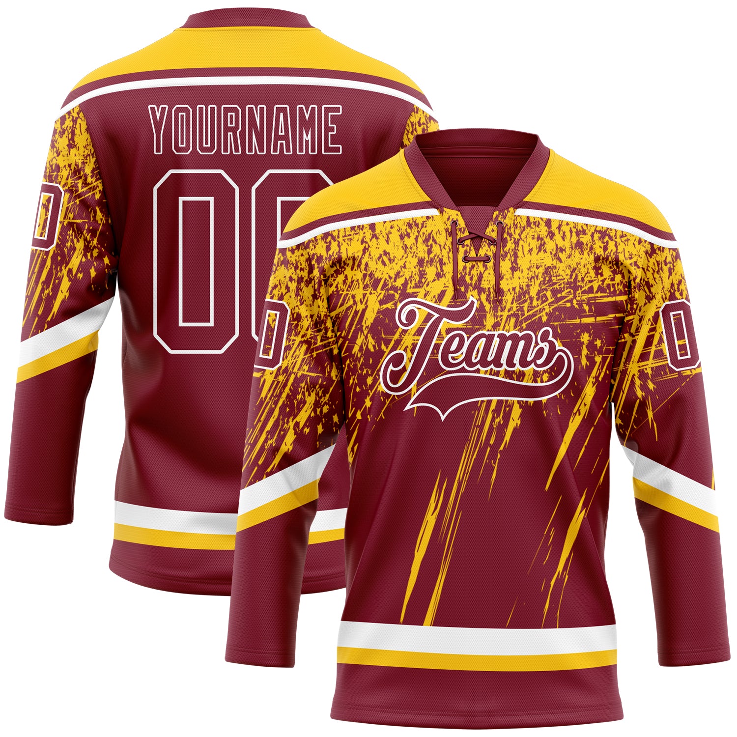 Custom Crimson Yellow-White 3D Splash Hockey Lace Neck Jersey