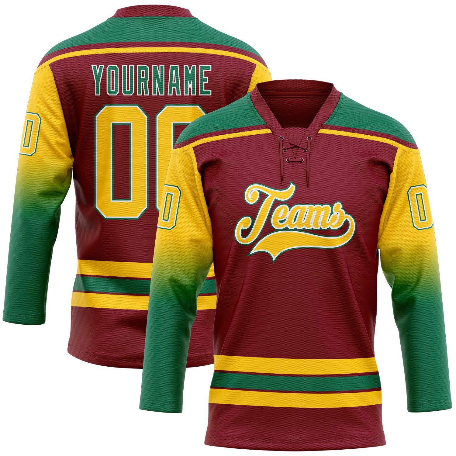 FansIdea Custom Crimson Yellow Kelly Green-White Gradient Sleeves Lace Neck Hockey Jersey - $29.99 at Proof Eyewear