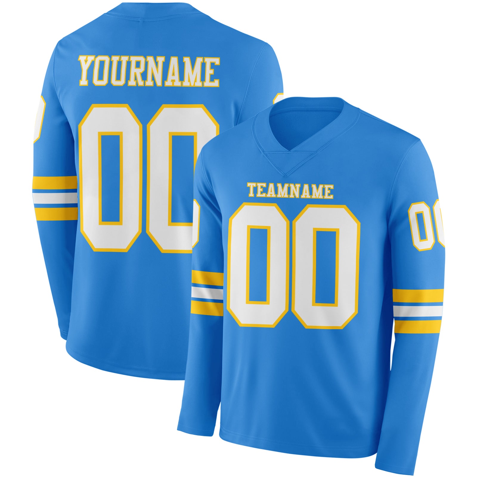 FansIdea Custom Powder Blue White-Yellow Long Sleeve Authentic Football Jersey - $24.99 at Proof Eyewear