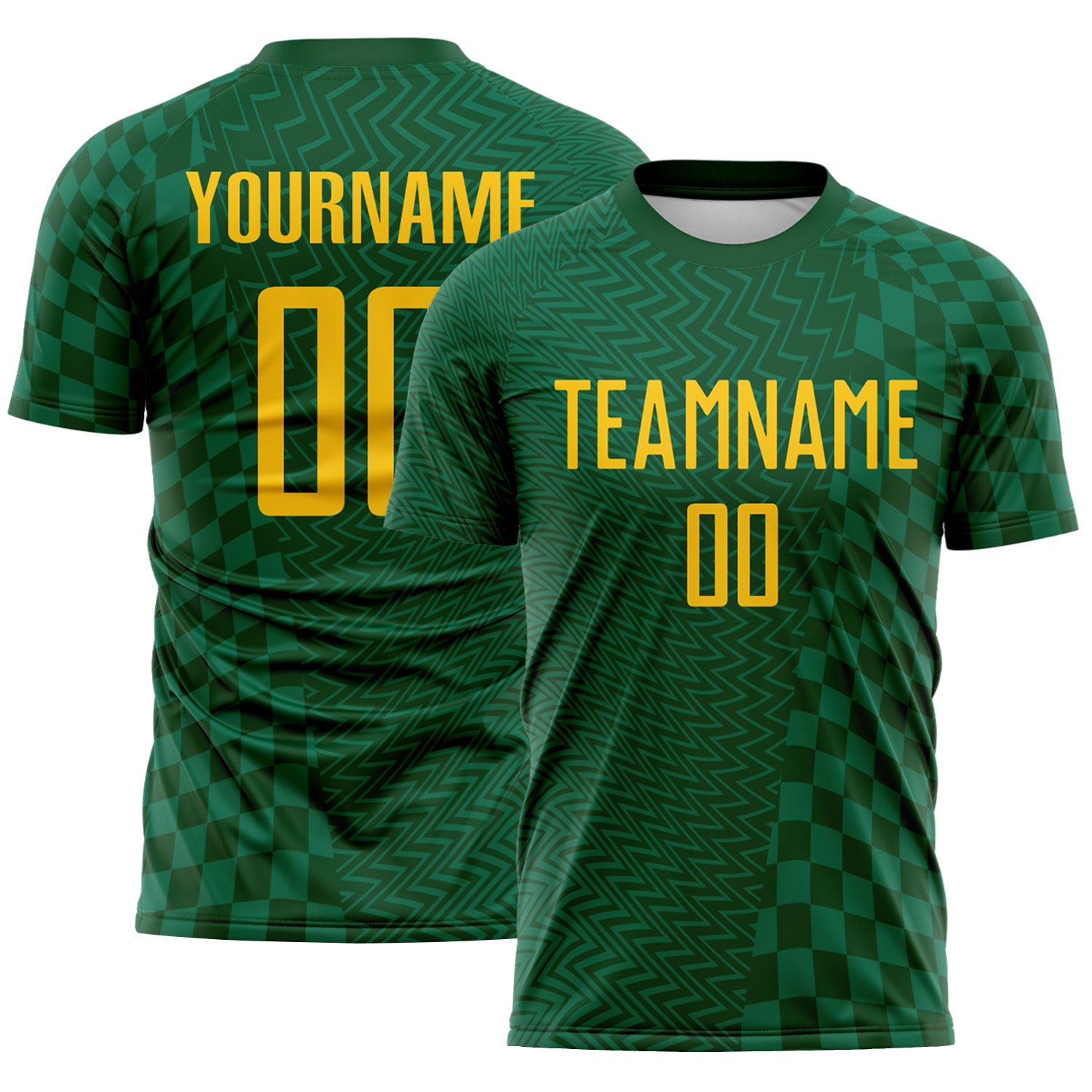 FansIdea Custom Green-Yellow Geometric Patchwork Asymmetry Checkered Zigzag Lines Sublimation Soccer Uniform Jersey - $16.99 at Proof Eyewear