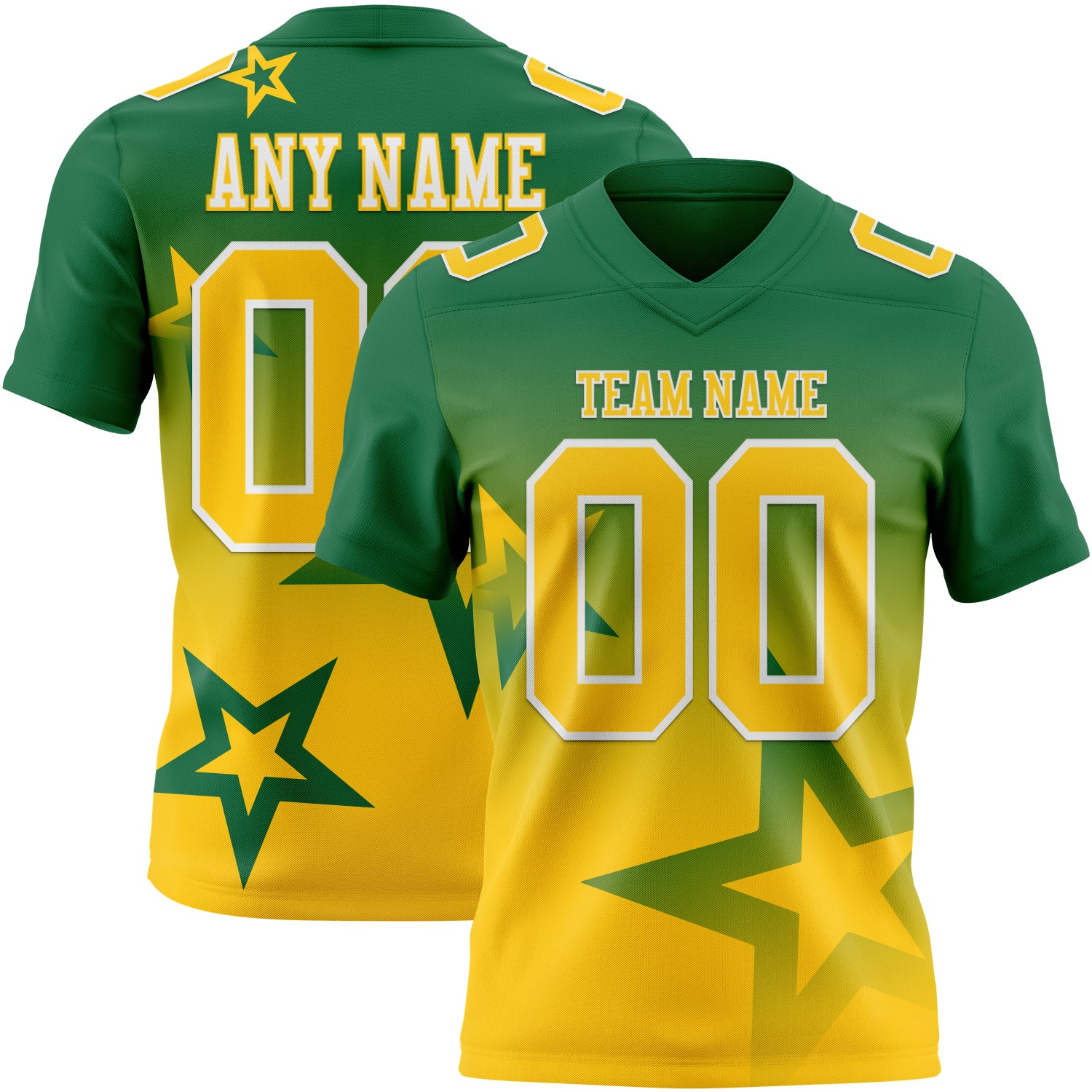 FansIdea Custom Kelly Green Yellow-White Authentic Gradient Style Twinkle Star Football Jersey - $19.99 at Proof Eyewear