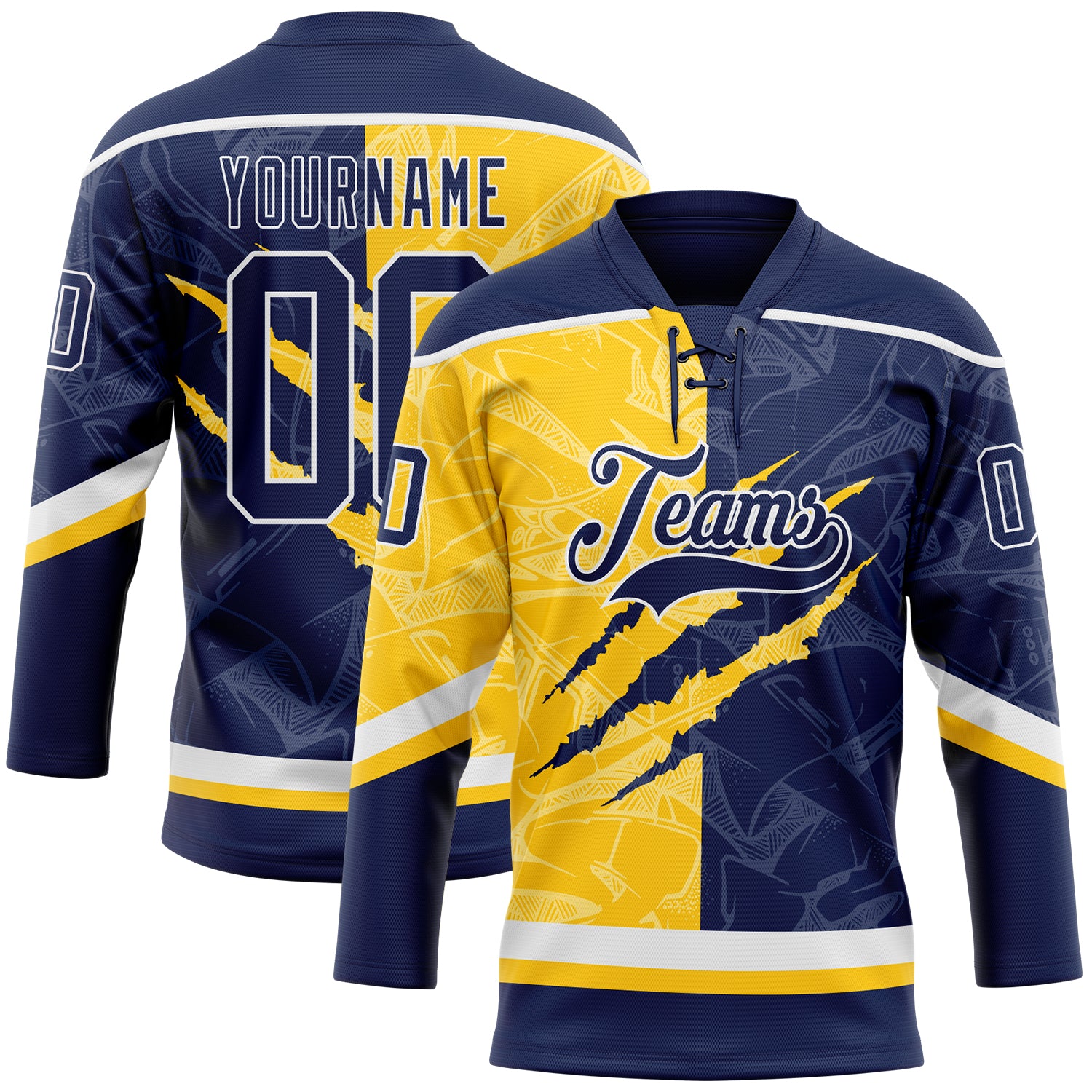 FansIdea Custom Navy Yellow-White 3D Pattern Gradient Fashion Scratch Hockey Lace Neck Jersey - $29.99 at Proof Eyewear