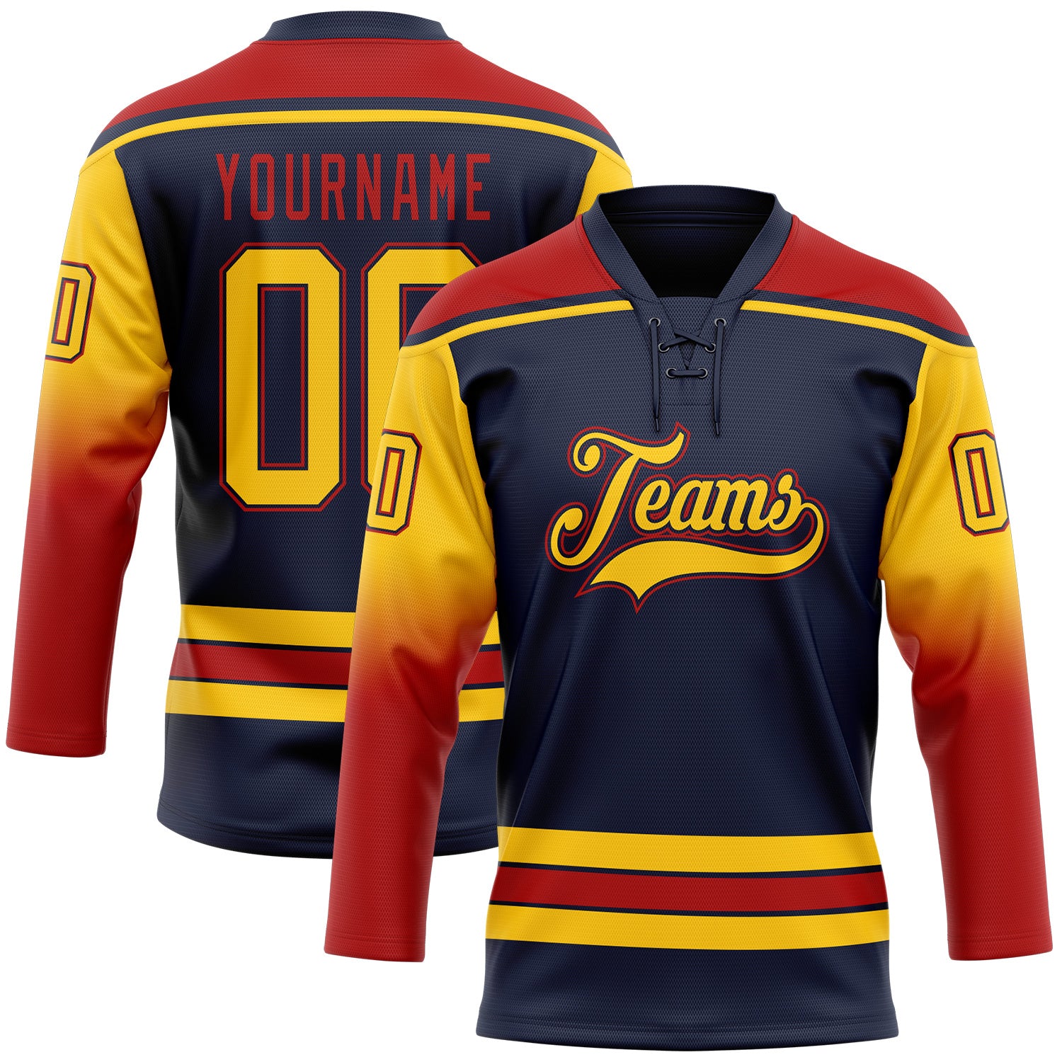 FansIdea Custom Navy Yellow-Red Gradient Sleeves Lace Neck Hockey Jersey - $29.99 at Proof Eyewear
